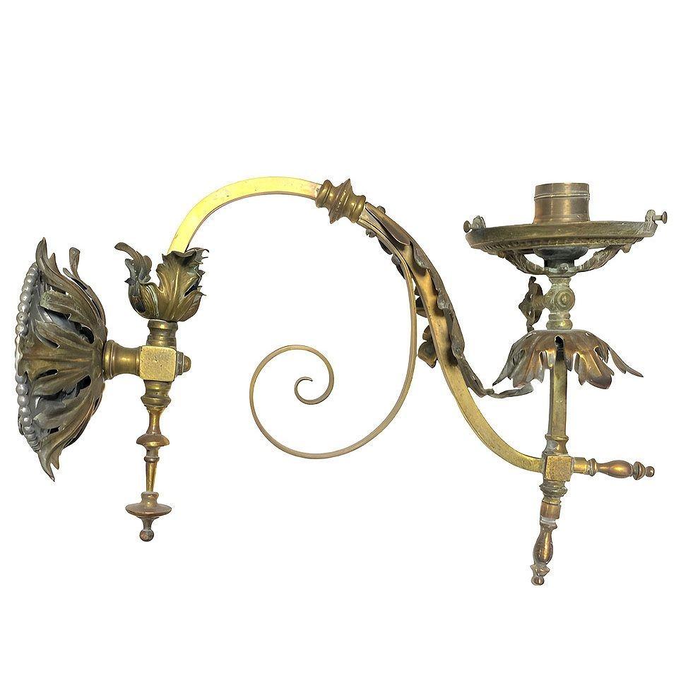 American Electrified Late Victorian Baroque Casted Brass Gas Sconces w/ Shade, Pair For Sale