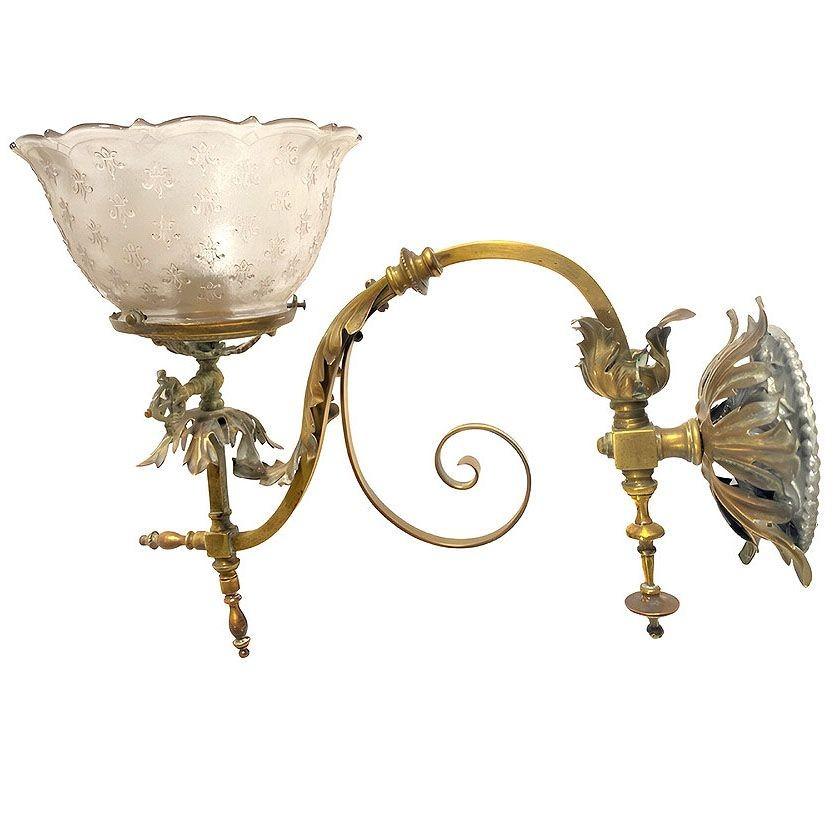 Electrified Late Victorian Baroque Casted Brass Gas Sconces w/ Shade, Pair In Excellent Condition For Sale In Van Nuys, CA