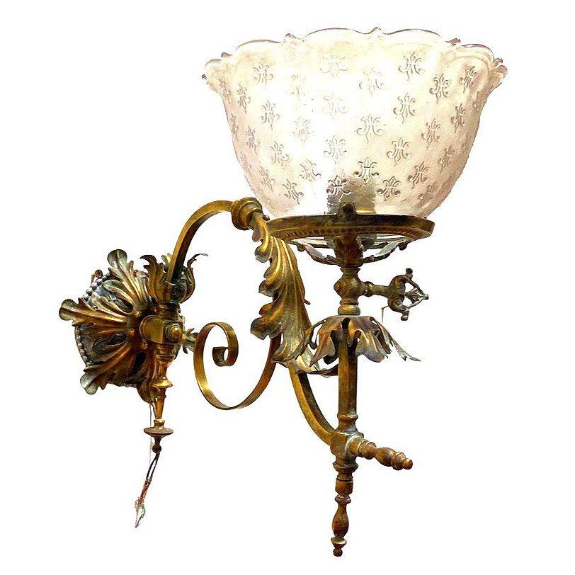 Late 19th Century Electrified Late Victorian Baroque Casted Brass Gas Sconces w/ Shade, Pair For Sale
