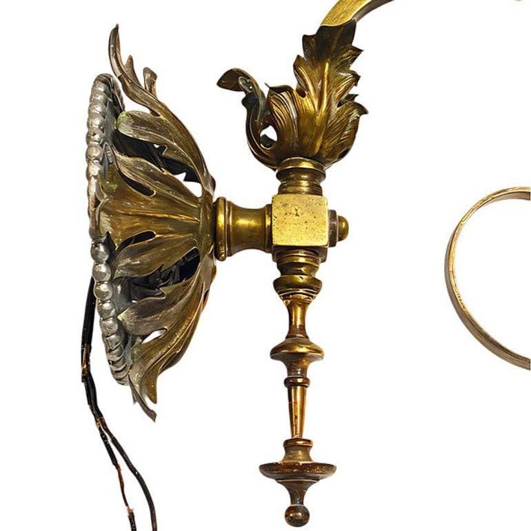 Electrified Late Victorian Baroque Casted Brass Gas Sconces w/ Shade, Pair For Sale 1