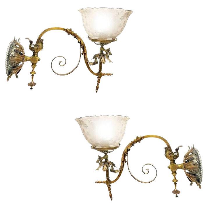 Electrified Late Victorian Baroque Casted Brass Gas Sconces w/ Shade, Pair For Sale