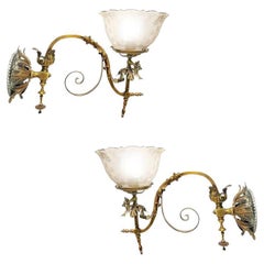 Electrified Late Victorian Baroque Casted Brass Gas Sconces w/ Shade, Pair