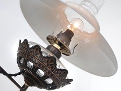 Electrified Oil Lamp On Early Iron Floor Stand