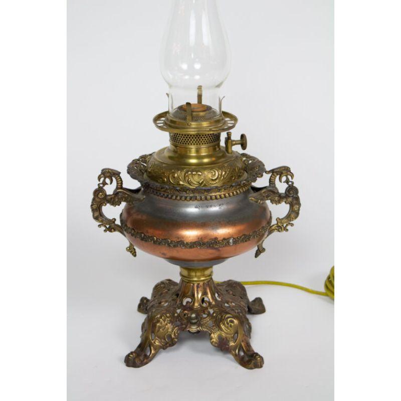 Electrified Oil Lamp with Floral Shade In Excellent Condition In Canton, MA