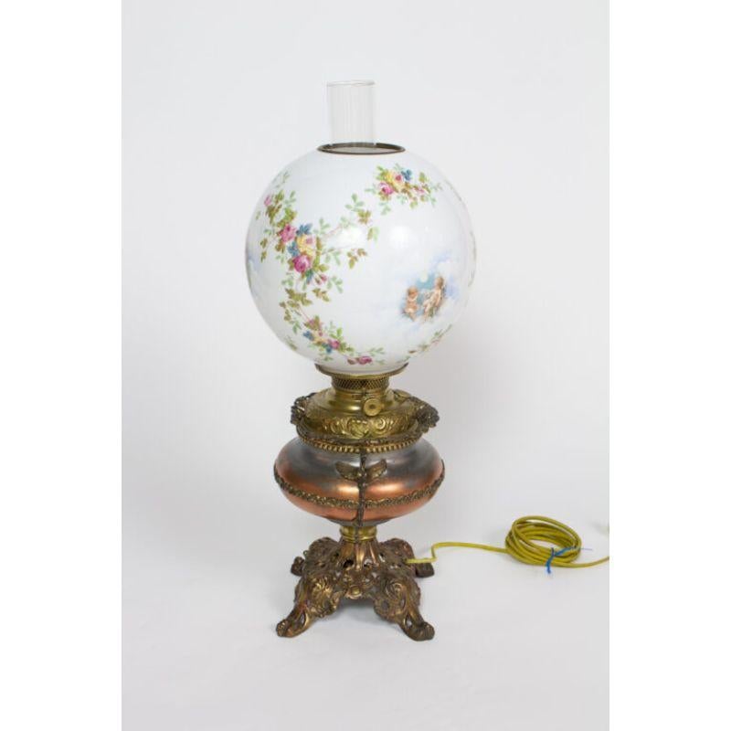 19th Century Electrified Oil Lamp with Floral Shade
