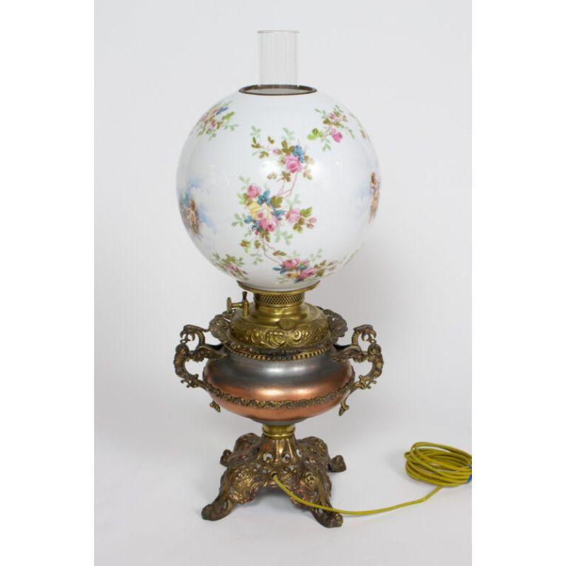Electrified Oil Lamp with Floral Shade 2
