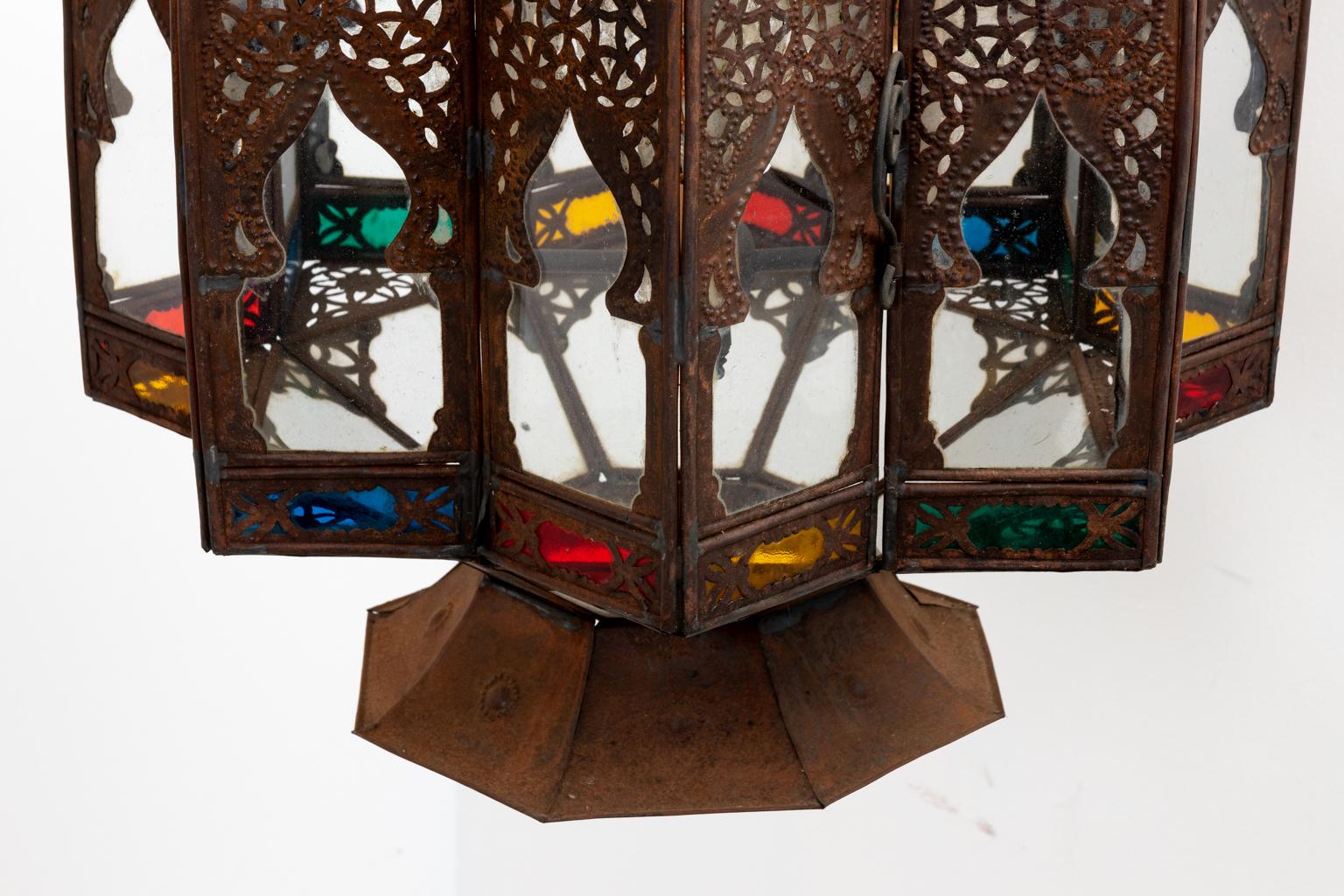 Electrified Tin and Stained Glass Moroccan Lantern In Good Condition In Stamford, CT