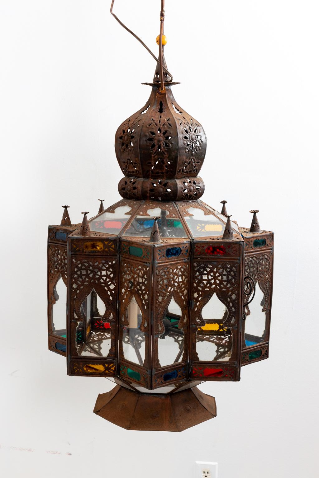 Electrified Tin and Stained Glass Moroccan Lantern 1