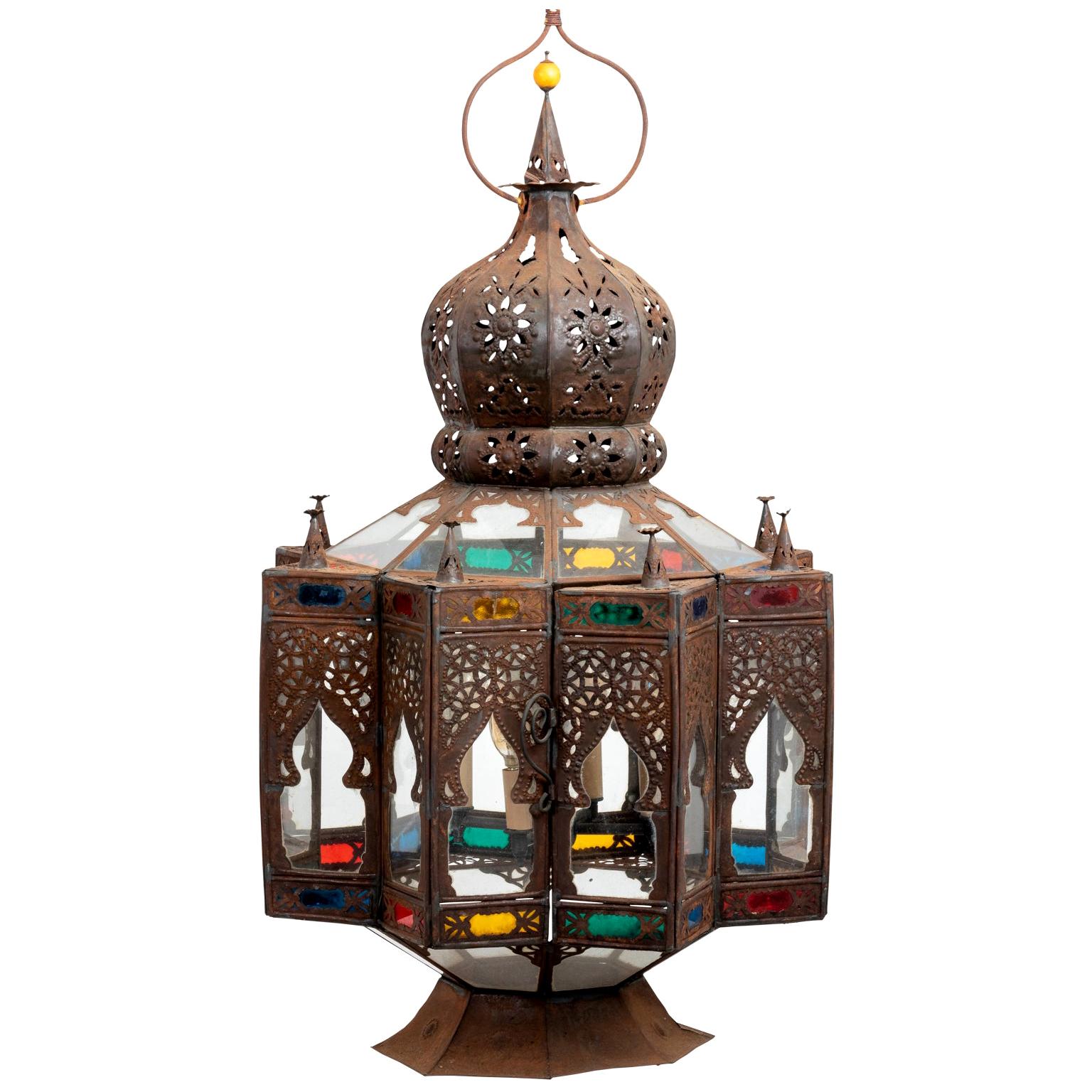 Electrified Tin and Stained Glass Moroccan Lantern