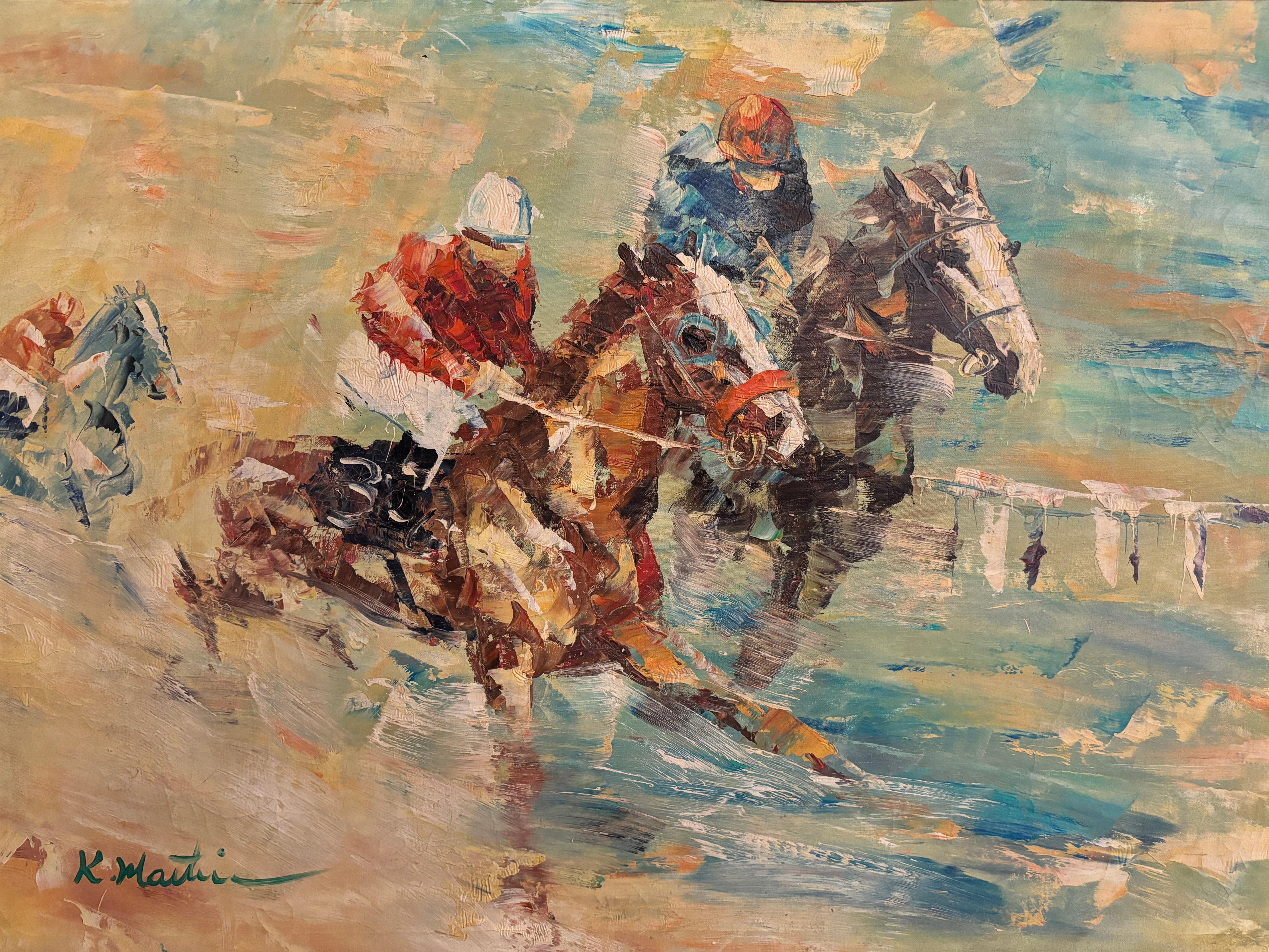 ¡Descubre una obra maestra ecuestre atemporal de K. Martin! Eleva tu espacio con este impresionante óleo vintage sobre lienzo, realizado por el artista K. Martin a mediados del siglo XX. Esta electrizante escena de carrera ecuestre capta la emoción