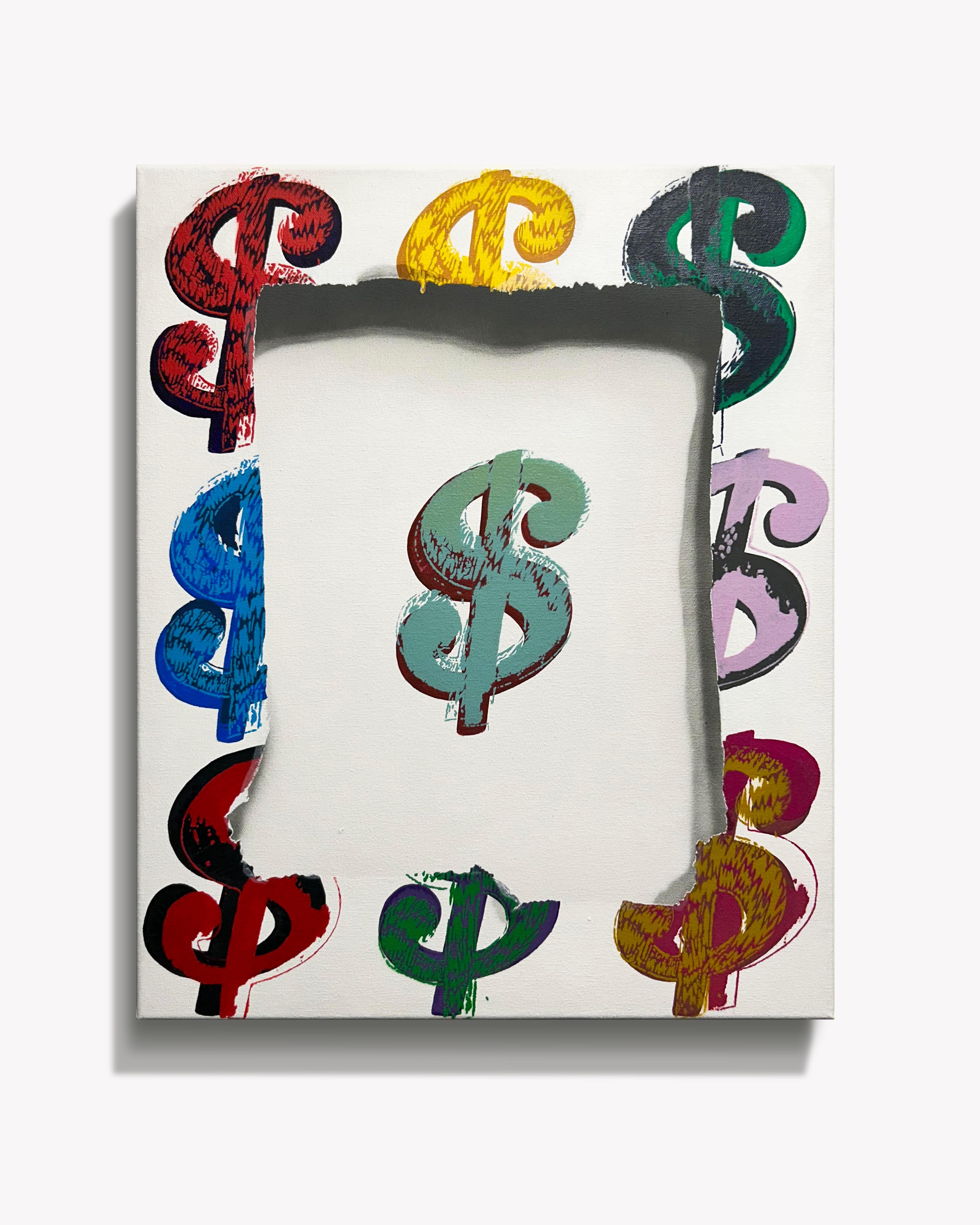 Warhol Currency Hand Painted on Canvas Shadows Pop Art Fun Modern 16x20 inches - Mixed Media Art by E.LEE
