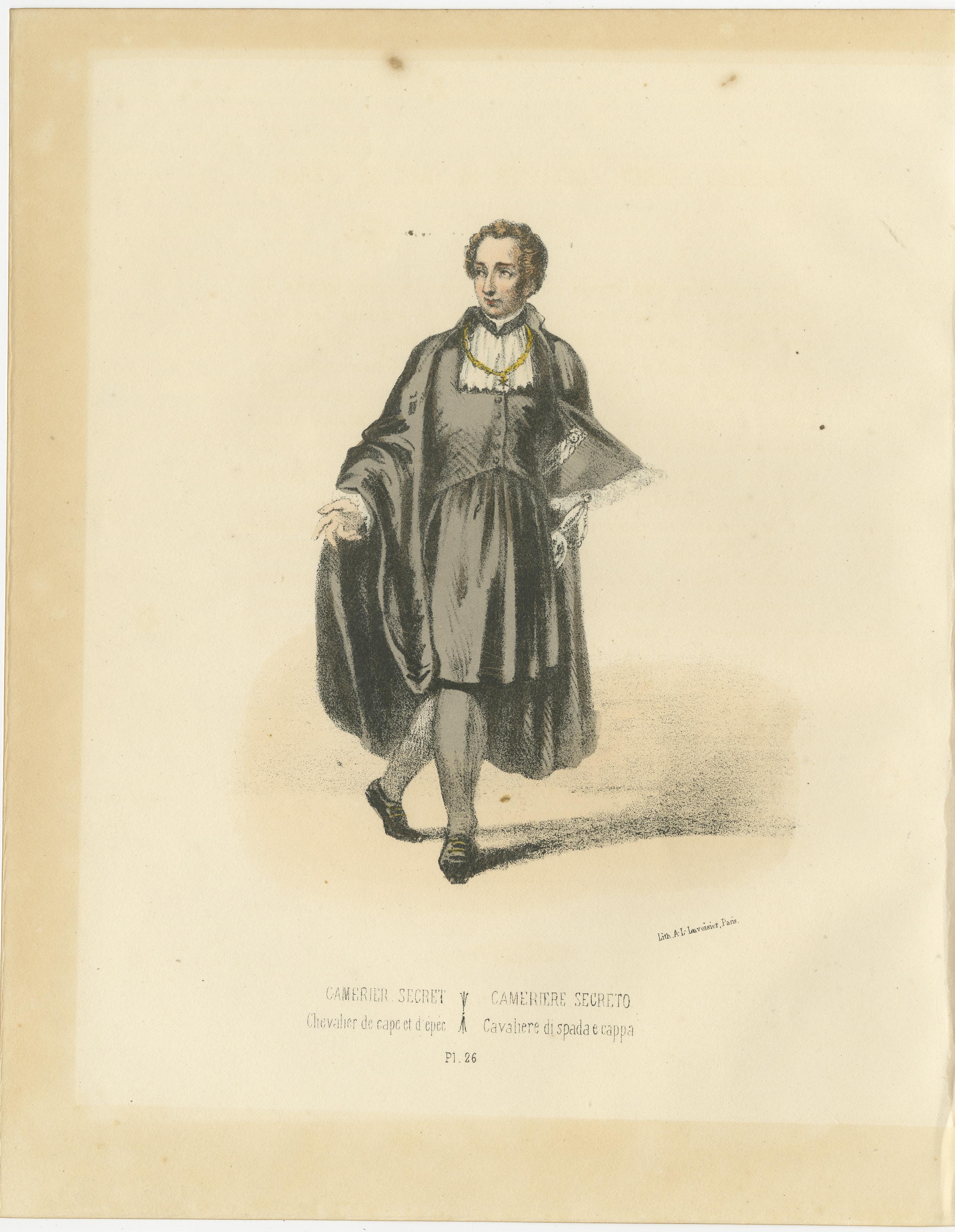 Elegance and Duty: Handkolorierter Druck des Geheimen Kammerherrn, Tafel 26, 1862  

Diese raffinierte handkolorierte Lithografie, Elegance and Duty, ist Tafel 26 aus der zweiten Ausgabe von Album ou Collection Complète, et Historique des Costumes