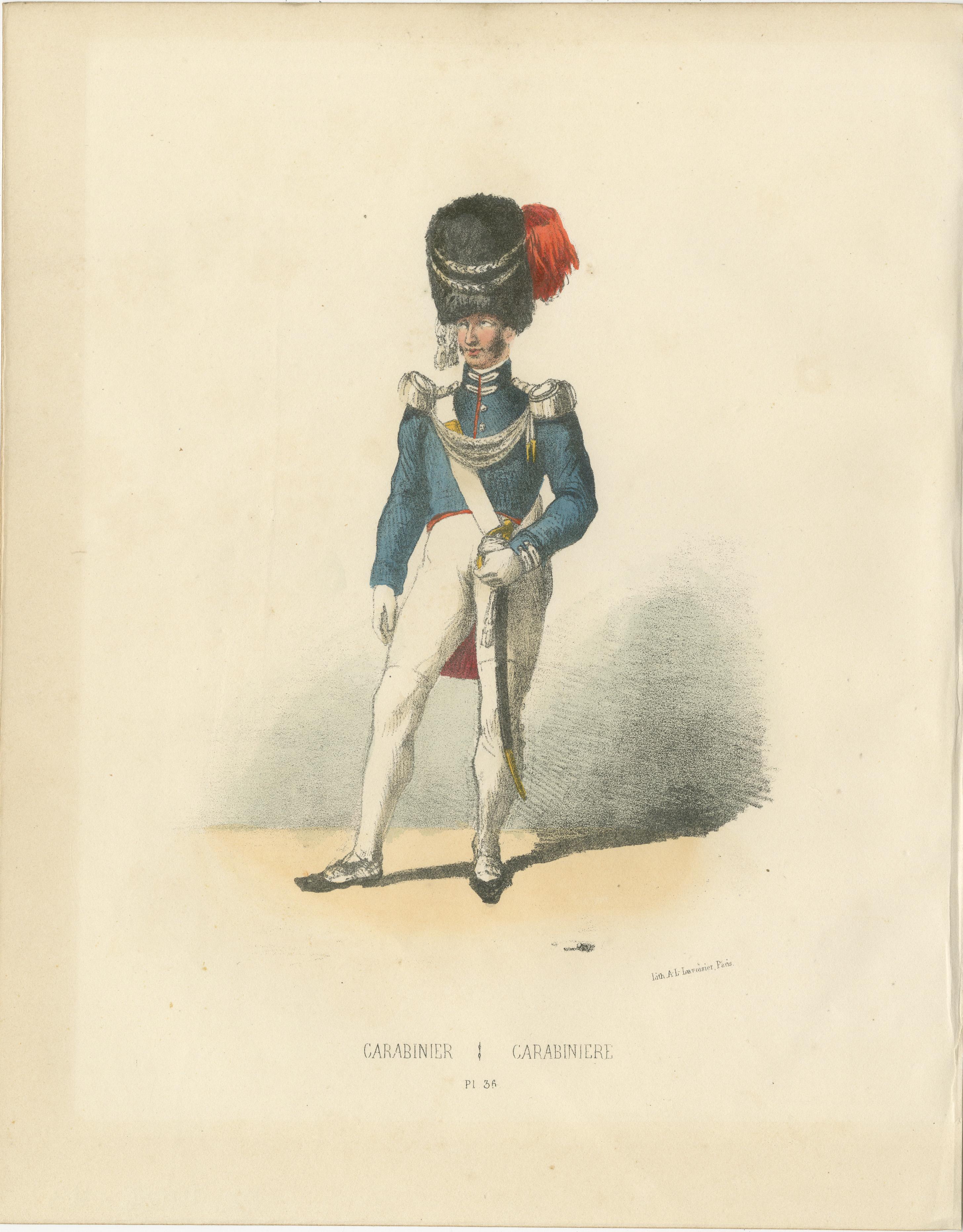 Elegance in Duty: Handkolorierter Druck eines Karabiners, Tafel 36, 1862  

Diese atemberaubende handkolorierte Lithographie, Elegance in Duty, ist Tafel 36 aus der zweiten Ausgabe von Album ou Collection Complète, et Historique des Costumes de la