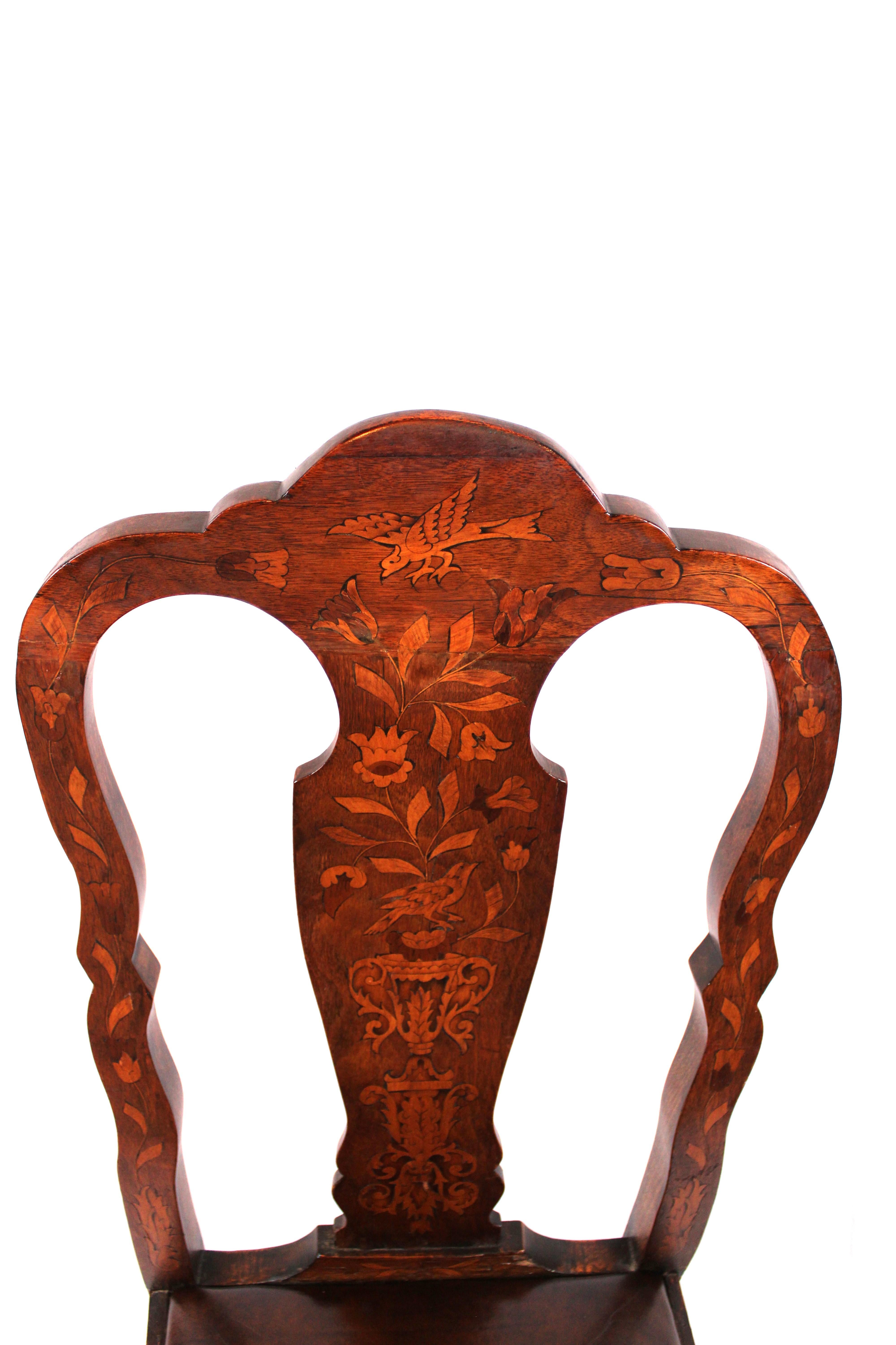 Queen Anne Elegance in Wood: 19th-Century Dutch Marquetry Dining Chairs (Set of 6) For Sale
