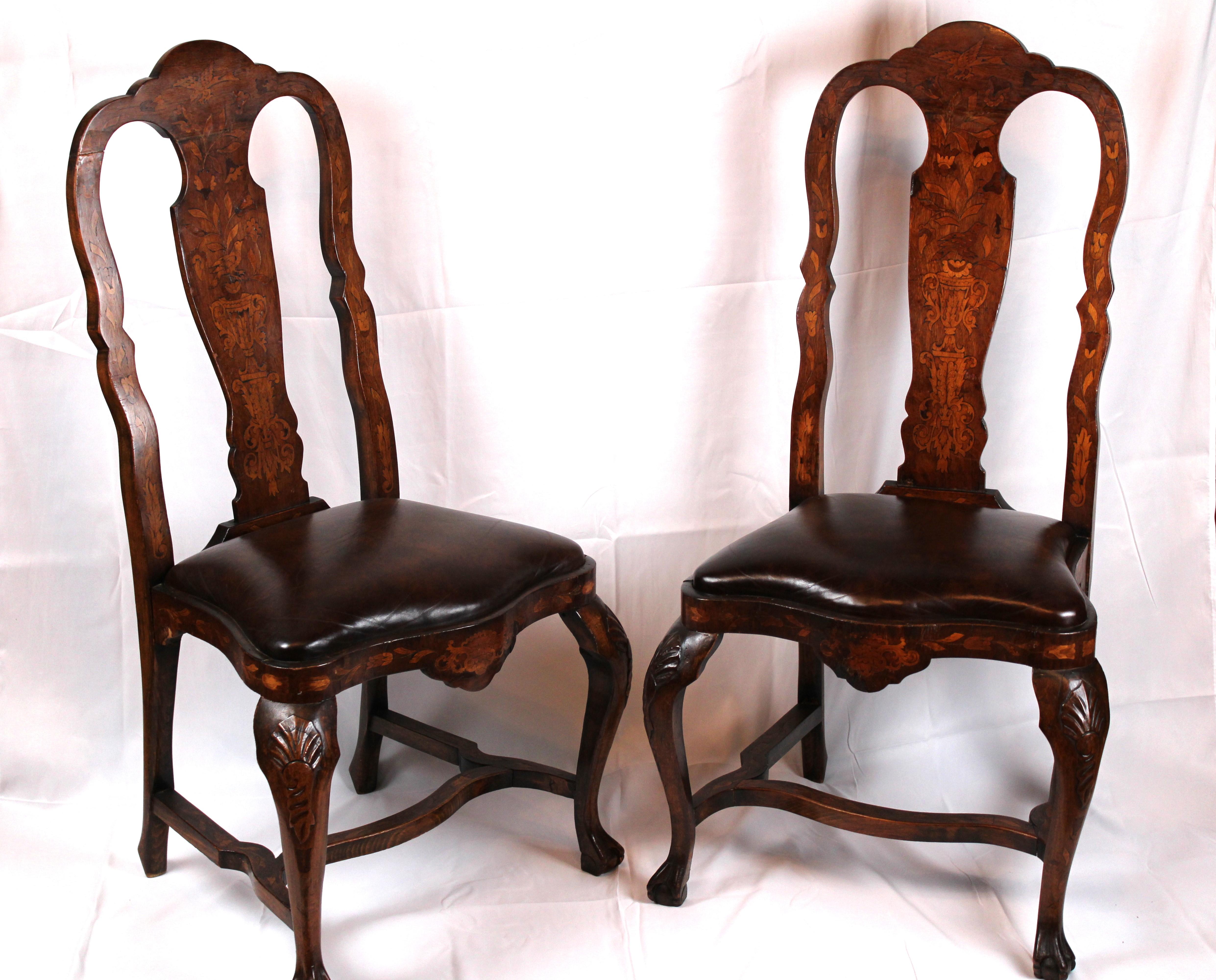 Hand-Carved Elegance in Wood: 19th-Century Dutch Marquetry Dining Chairs (Set of 6) For Sale