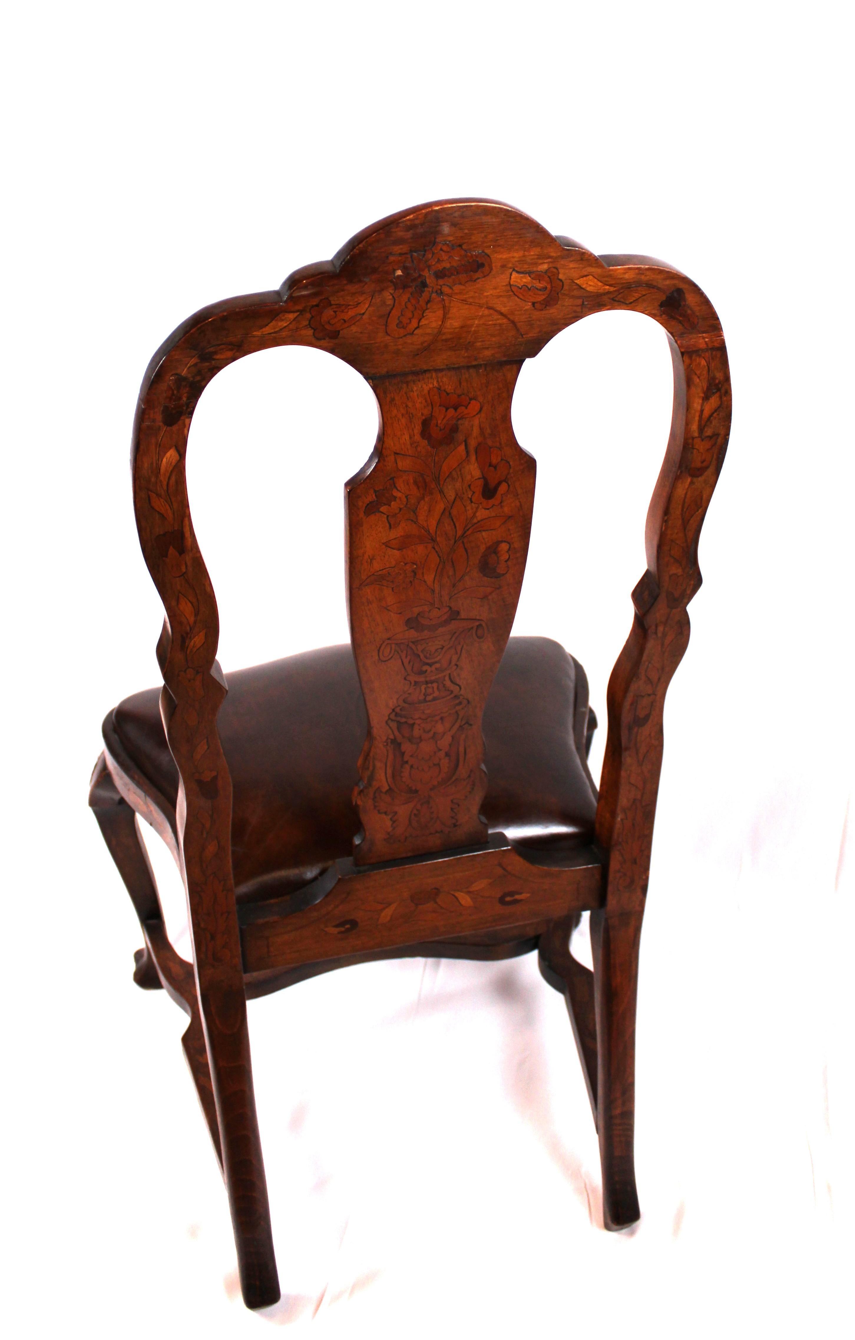 19th Century Elegance in Wood: 19th-Century Dutch Marquetry Dining Chairs (Set of 6) For Sale