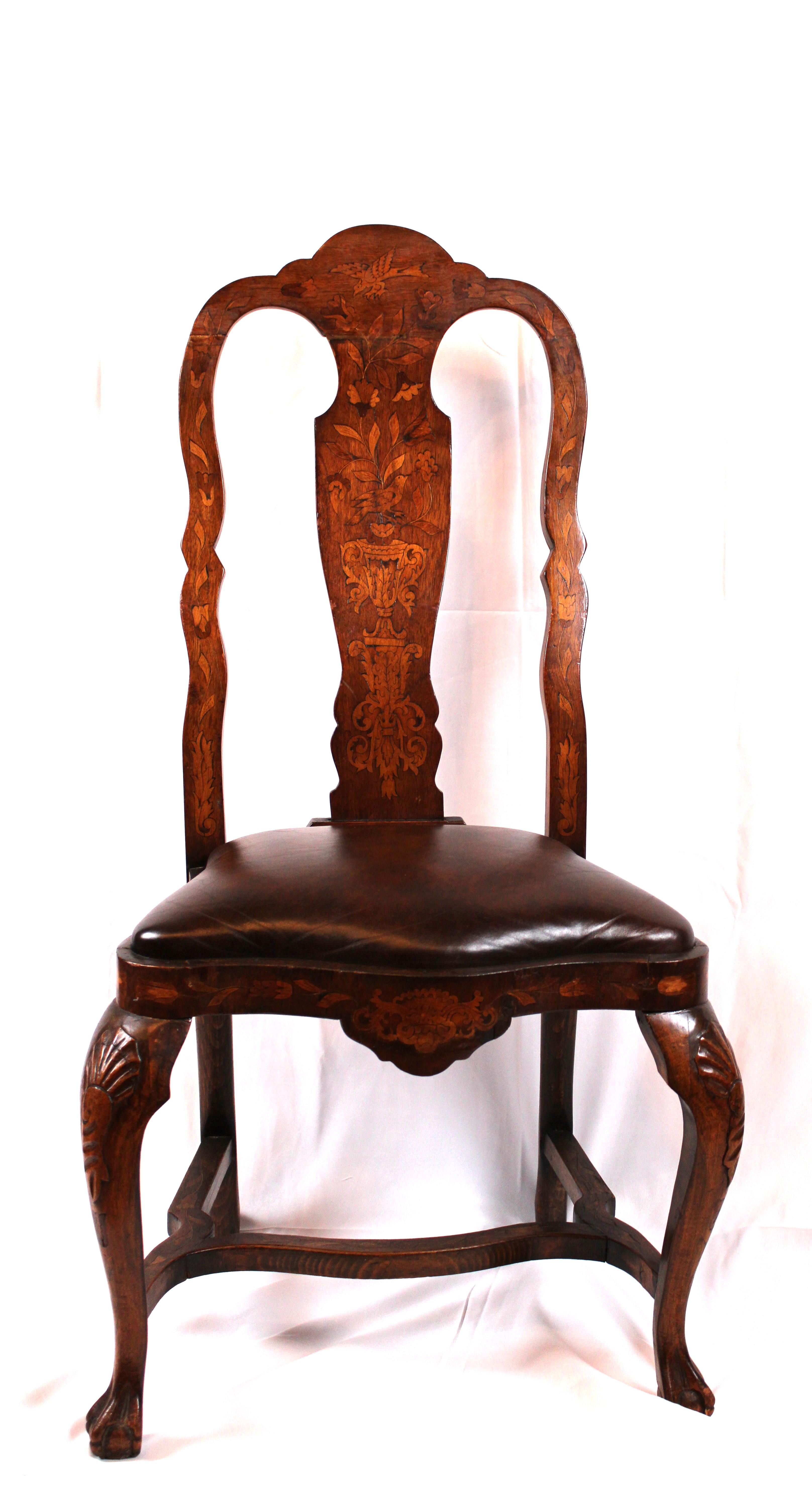 Mahogany Elegance in Wood: 19th-Century Dutch Marquetry Dining Chairs (Set of 6) For Sale