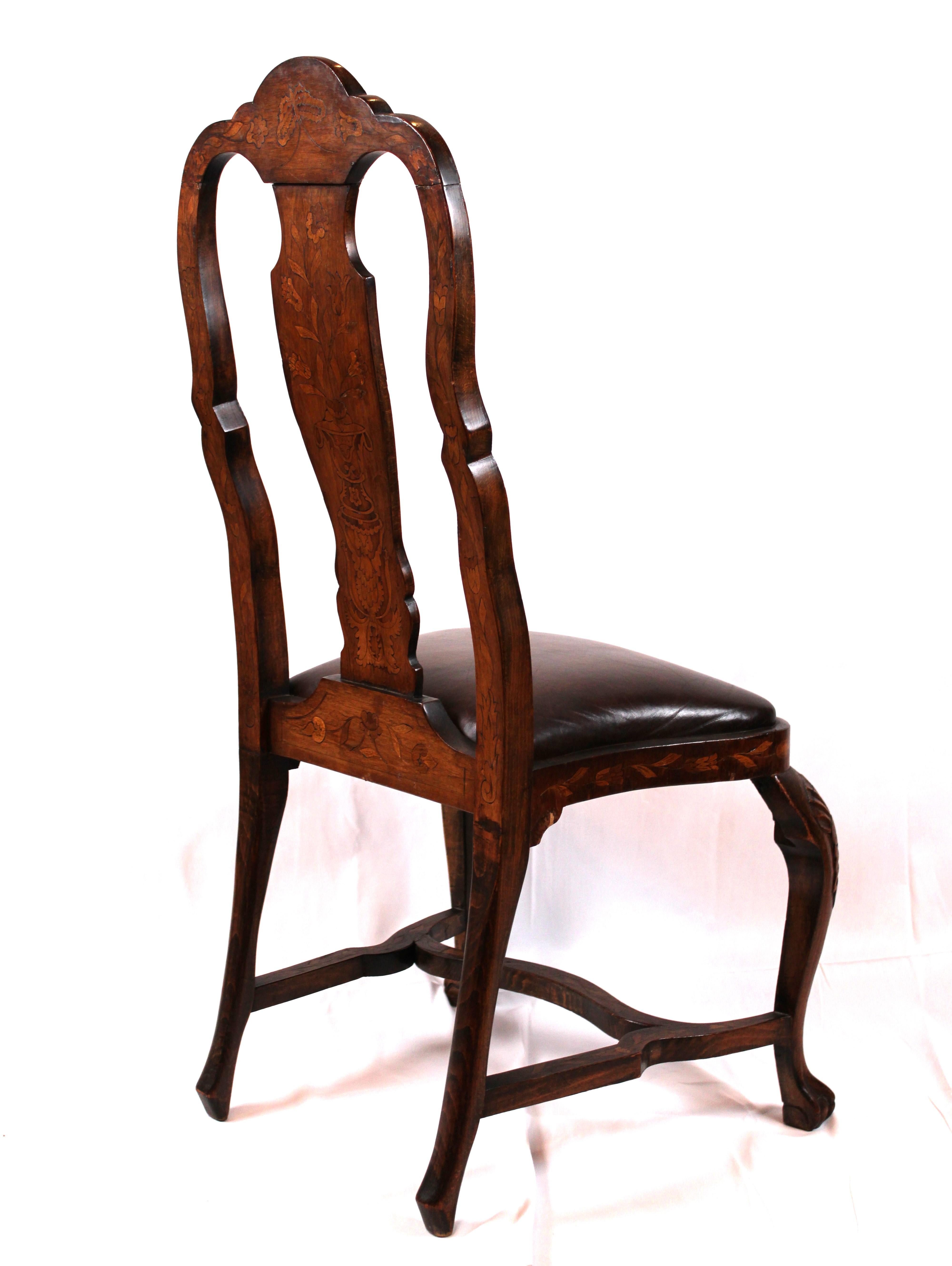 Elegance in Wood: 19th-Century Dutch Marquetry Dining Chairs (Set of 6) For Sale 1