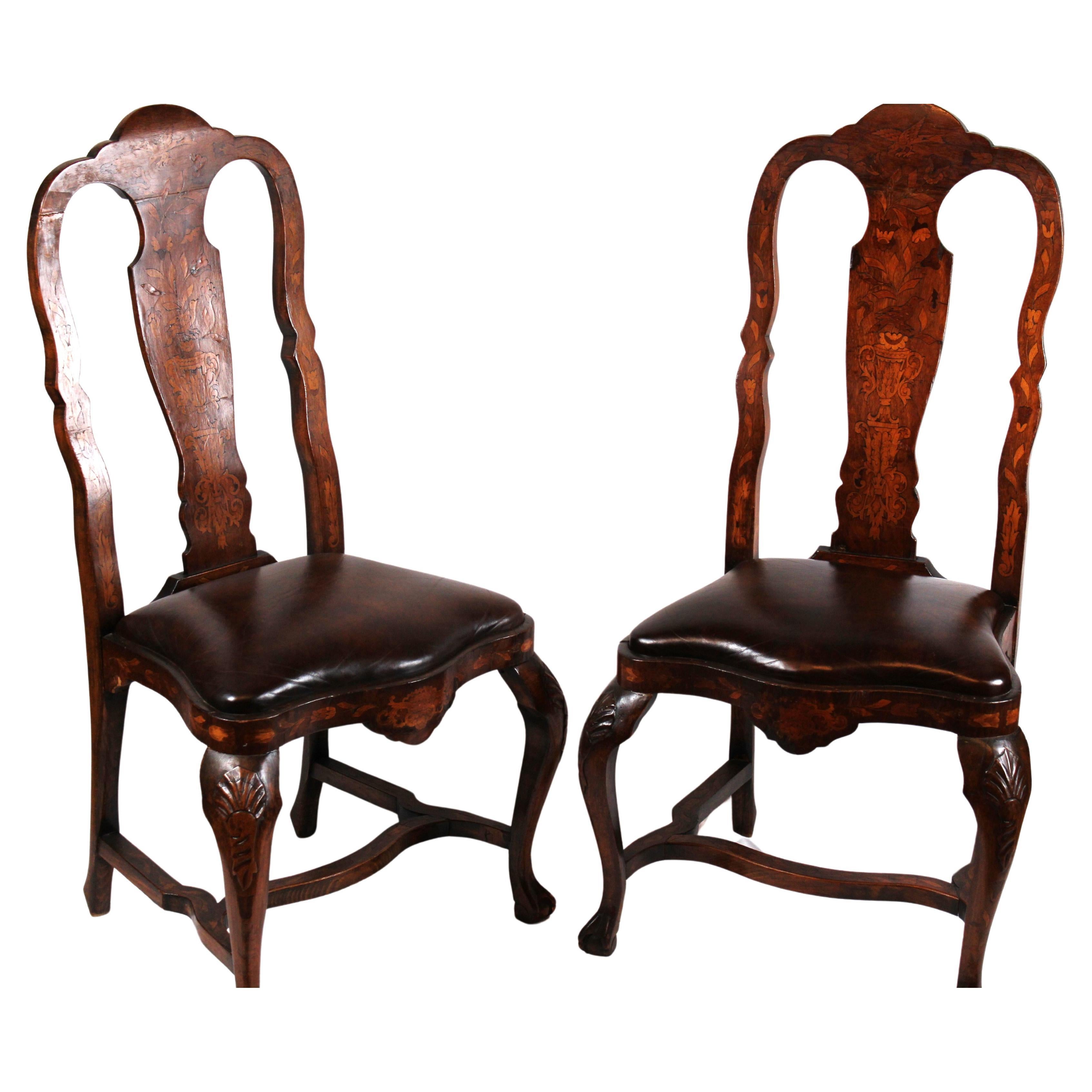 Elegance in Wood: 19th-Century Dutch Marquetry Dining Chairs (Set of 6) For Sale