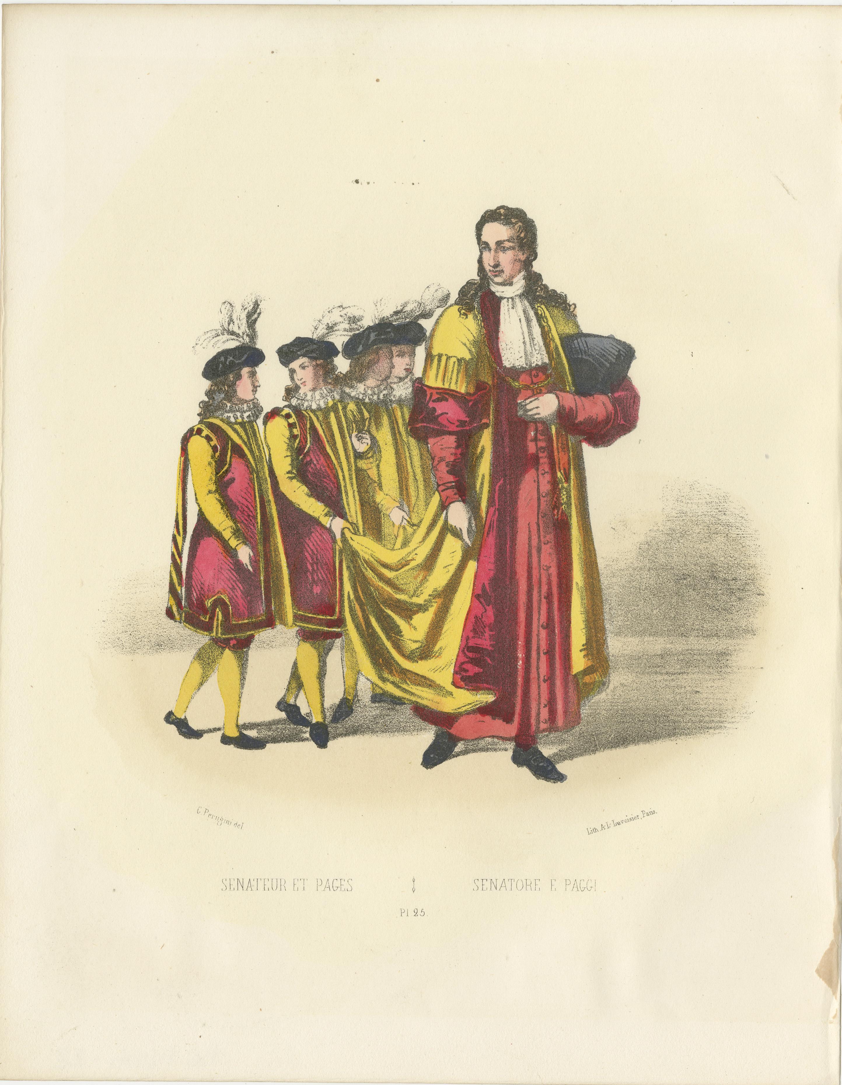 Elegance of Authority: Handkolorierter Druck eines Senators und Seiten, Teller 25, 1862  
  
Diese auffällige handkolorierte Lithografie, Elegance of Authority, ist Tafel 25 aus der zweiten Ausgabe von Album ou Collection Complète, et Historique des