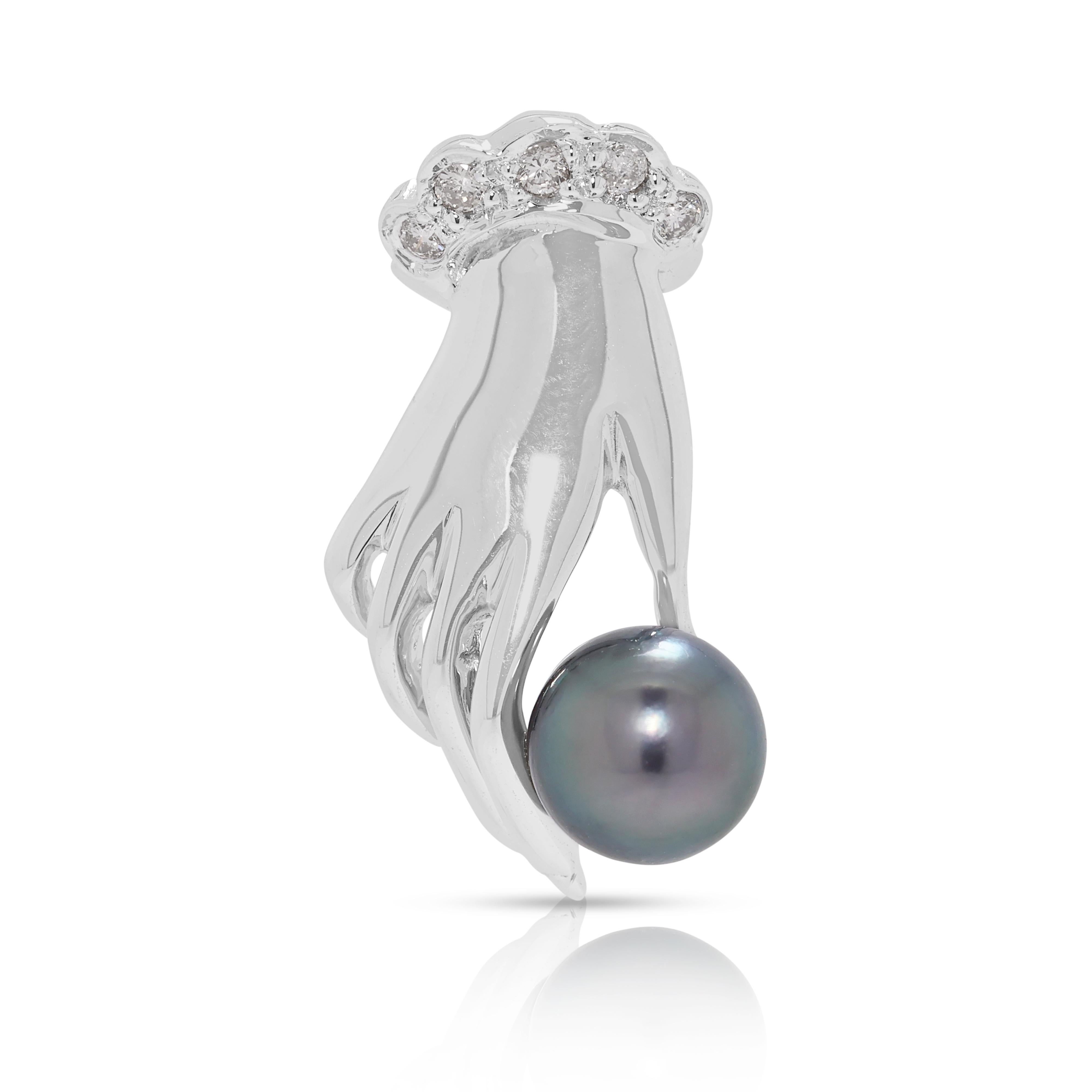 Taille ronde Elegant pendentif en or blanc 18 carats serti d'un diamant naturel de 0,02 ct et d'une perle des mers du Sud en vente