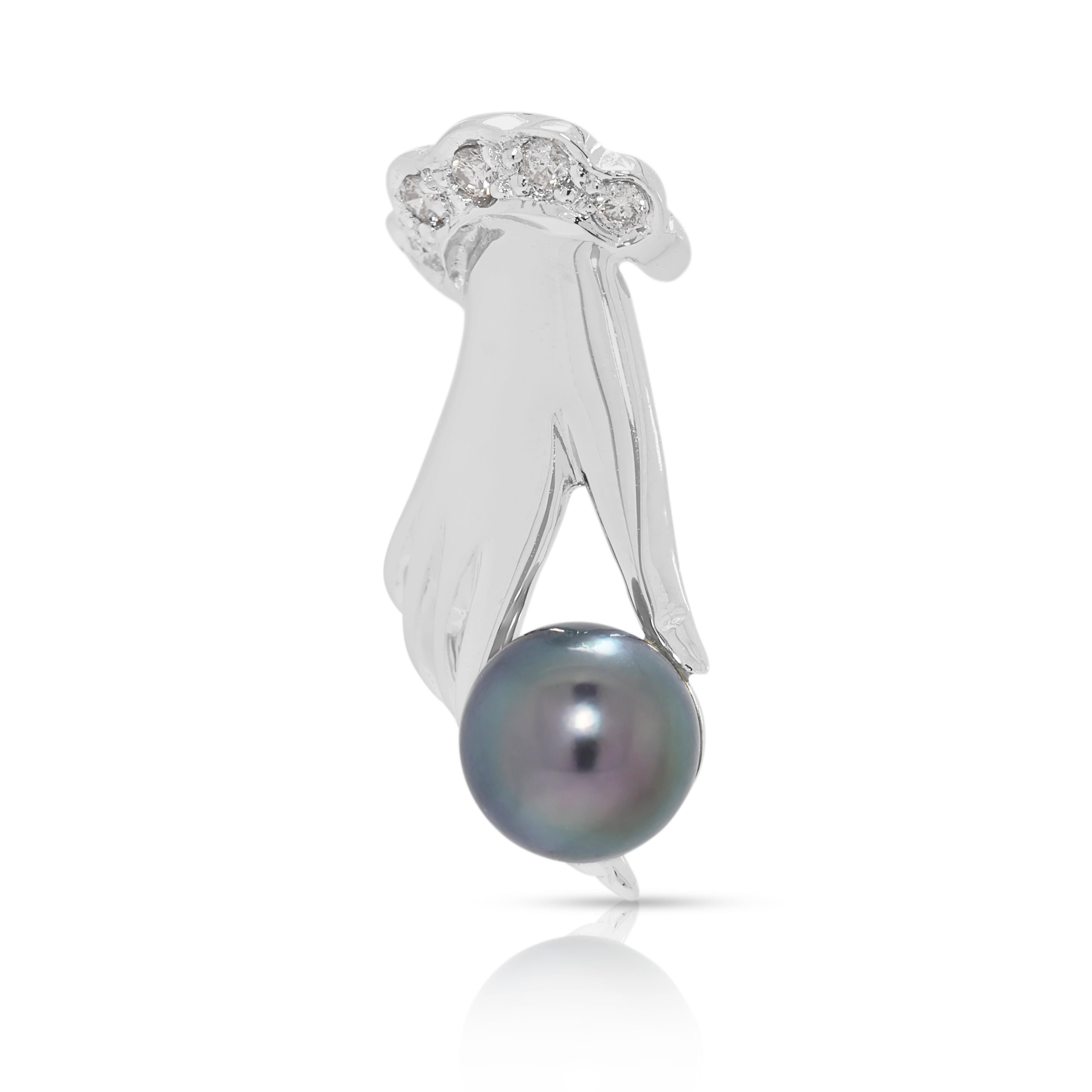 Elegant pendentif en or blanc 18 carats serti d'un diamant naturel de 0,02 ct et d'une perle des mers du Sud Neuf - En vente à רמת גן, IL