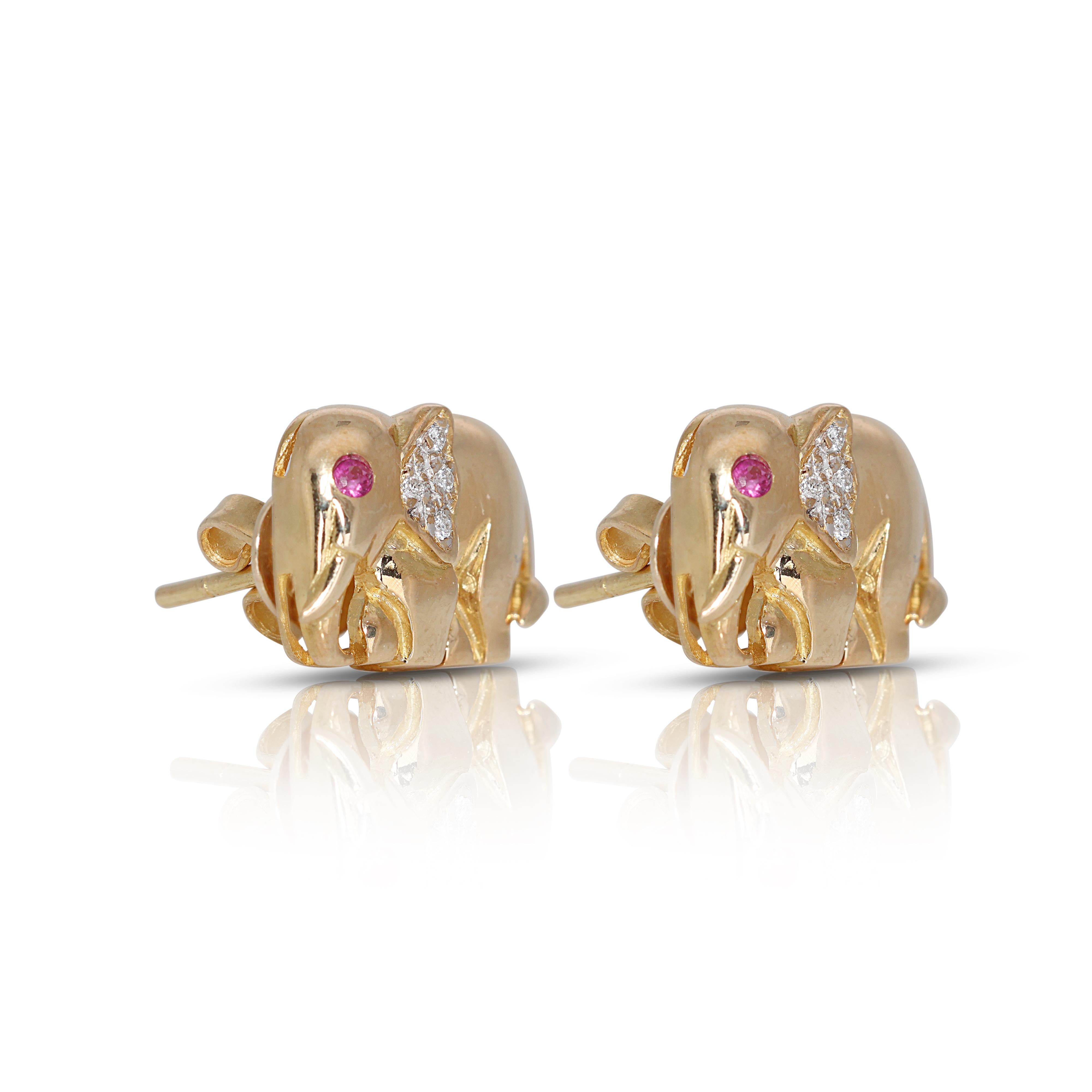 Round Cut Elegant 0.07ct Diamond Elephant Stud Earrings with Rubies in 18K Yellow Gold For Sale