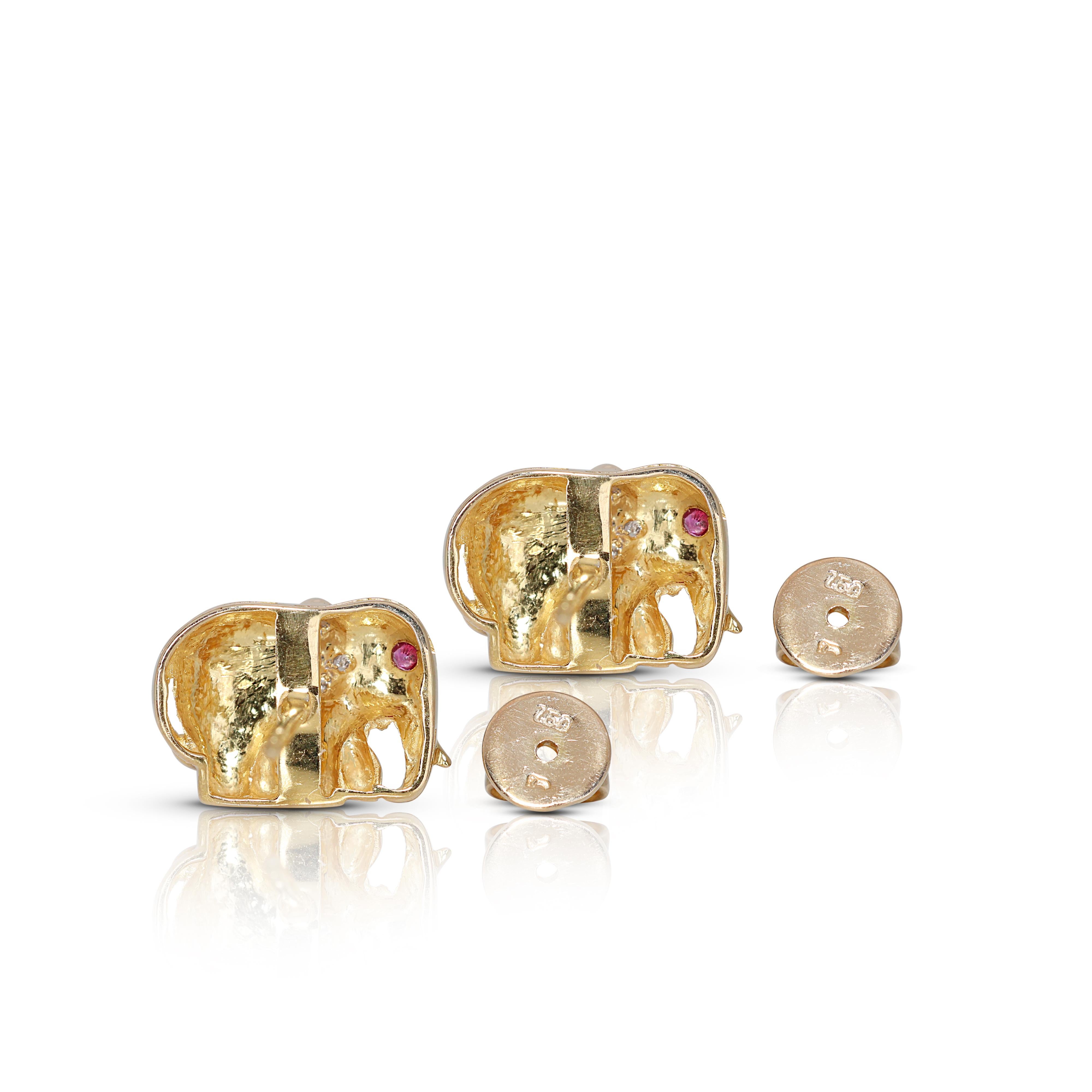 Women's Elegant 0.07ct Diamond Elephant Stud Earrings with Rubies in 18K Yellow Gold For Sale