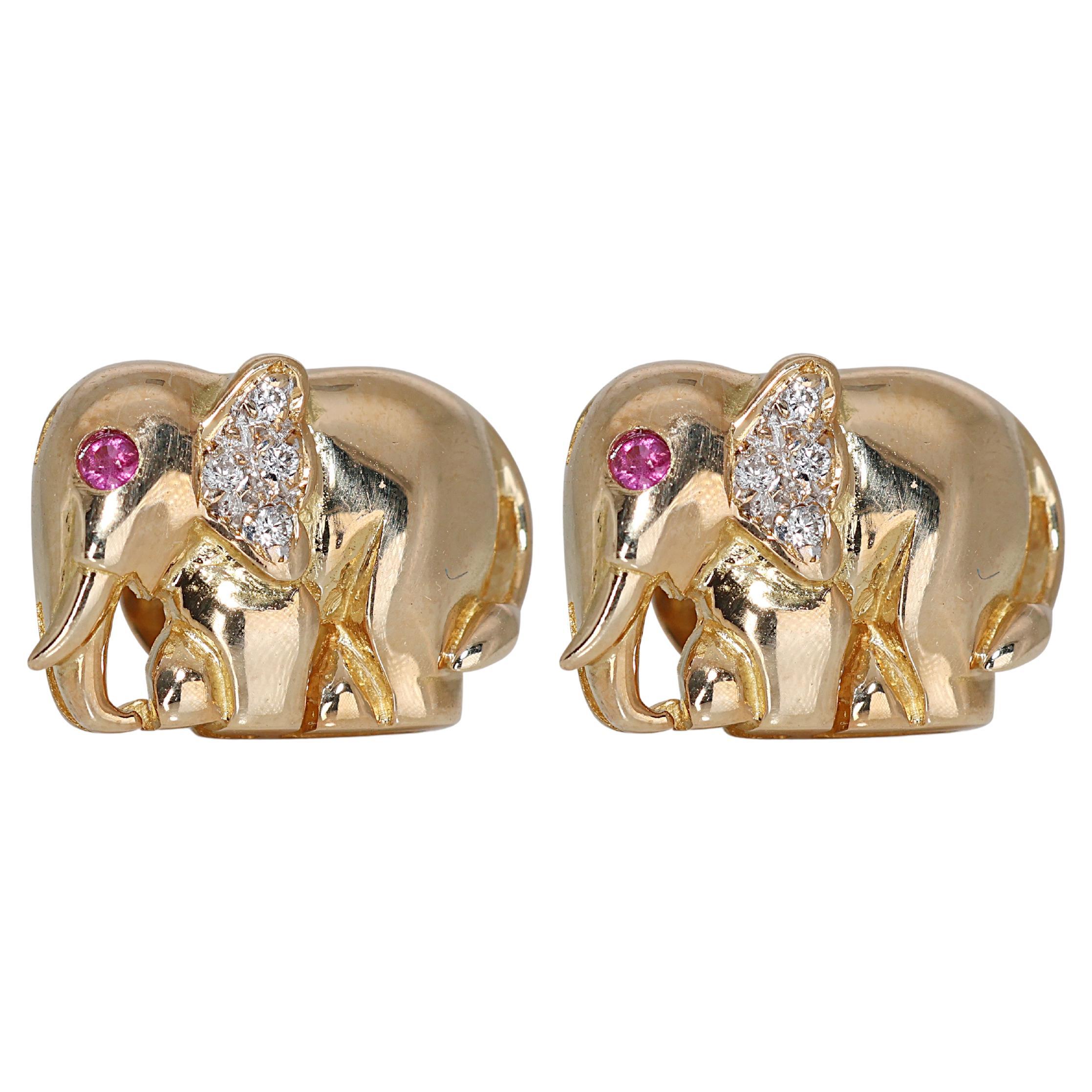 Elegant 0.07ct Diamond Elephant Stud Earrings with Rubies in 18K Yellow Gold For Sale