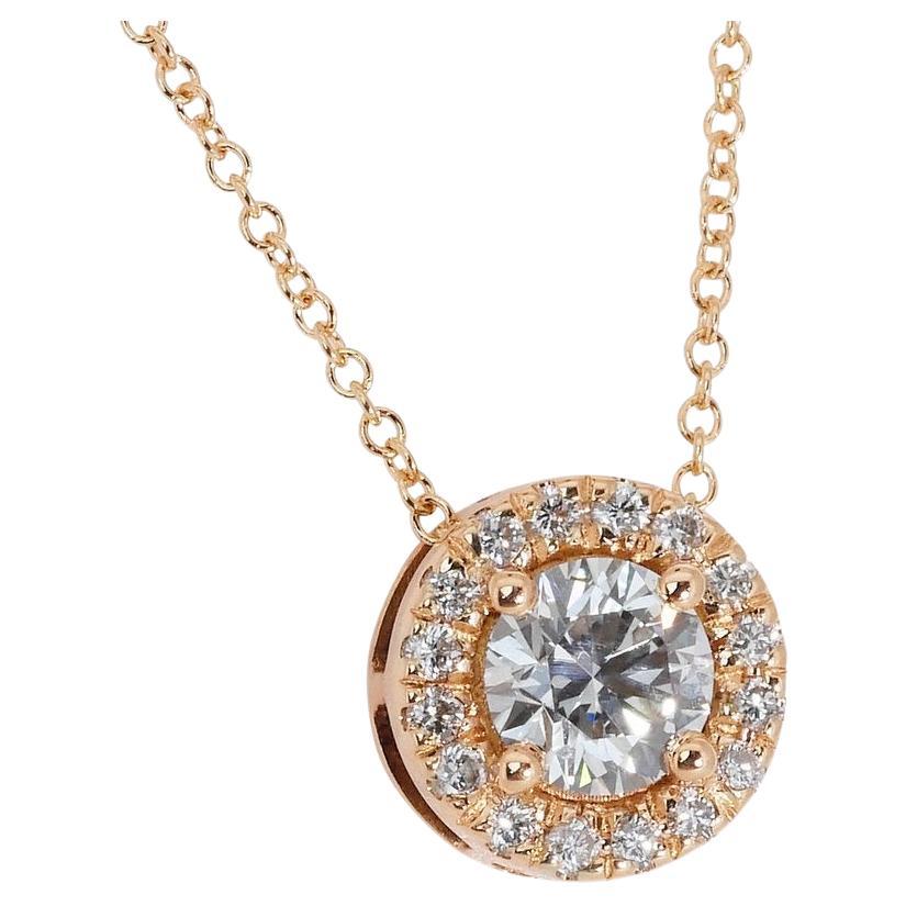 Elegant 0.40ct Diamond Halo Necklace in 14k Rose Gold – AIG Certified

This stunning diamond halo necklace crafted in luxurious 14k rose gold features a delicate ensemble of high-quality diamonds, totaling a carat weight of 0.40-carat. Surrounding