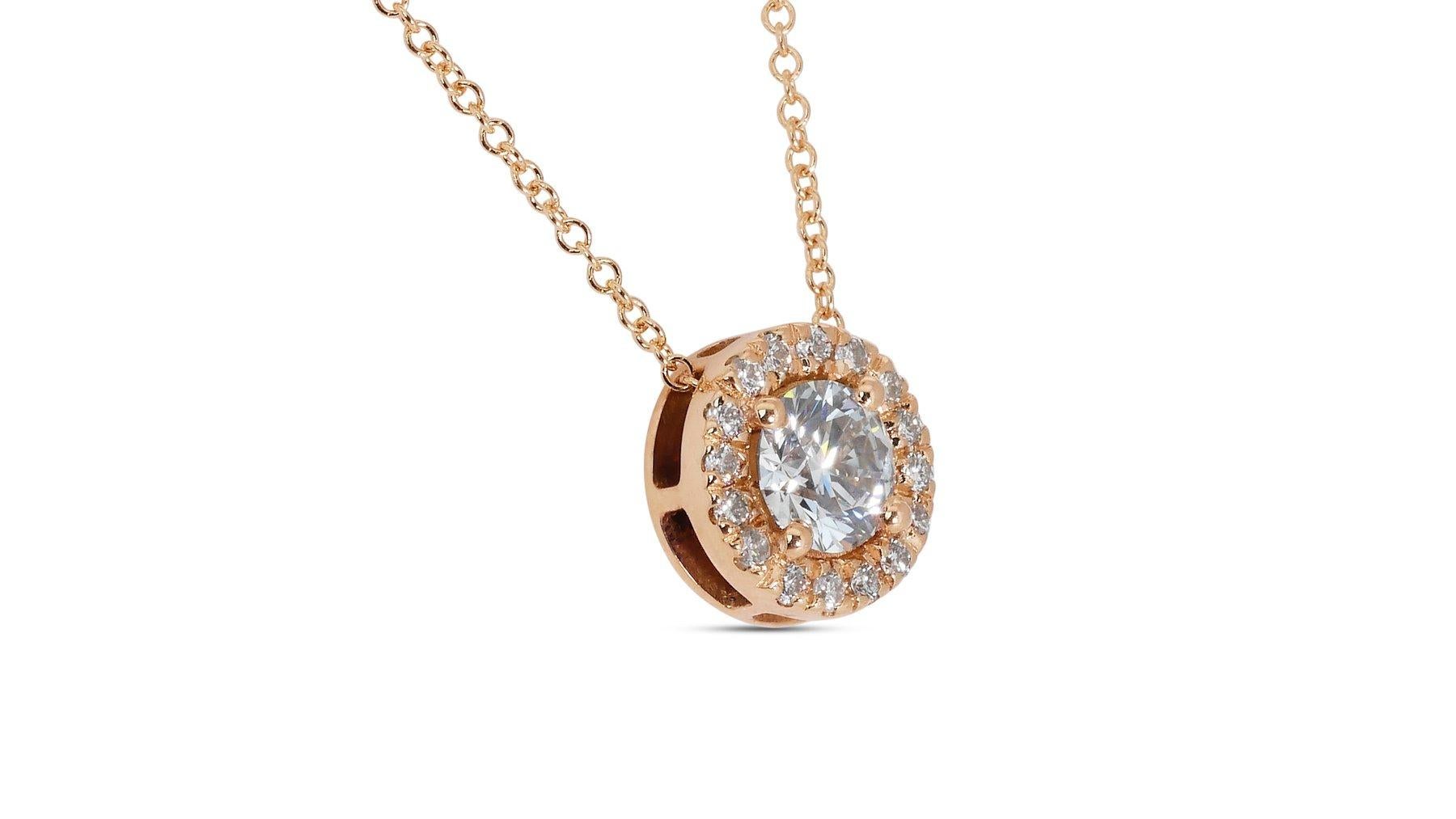 Elegant 0.40ct Diamond Halo Necklace in 14k Rose Gold – AIG Certified In New Condition For Sale In רמת גן, IL