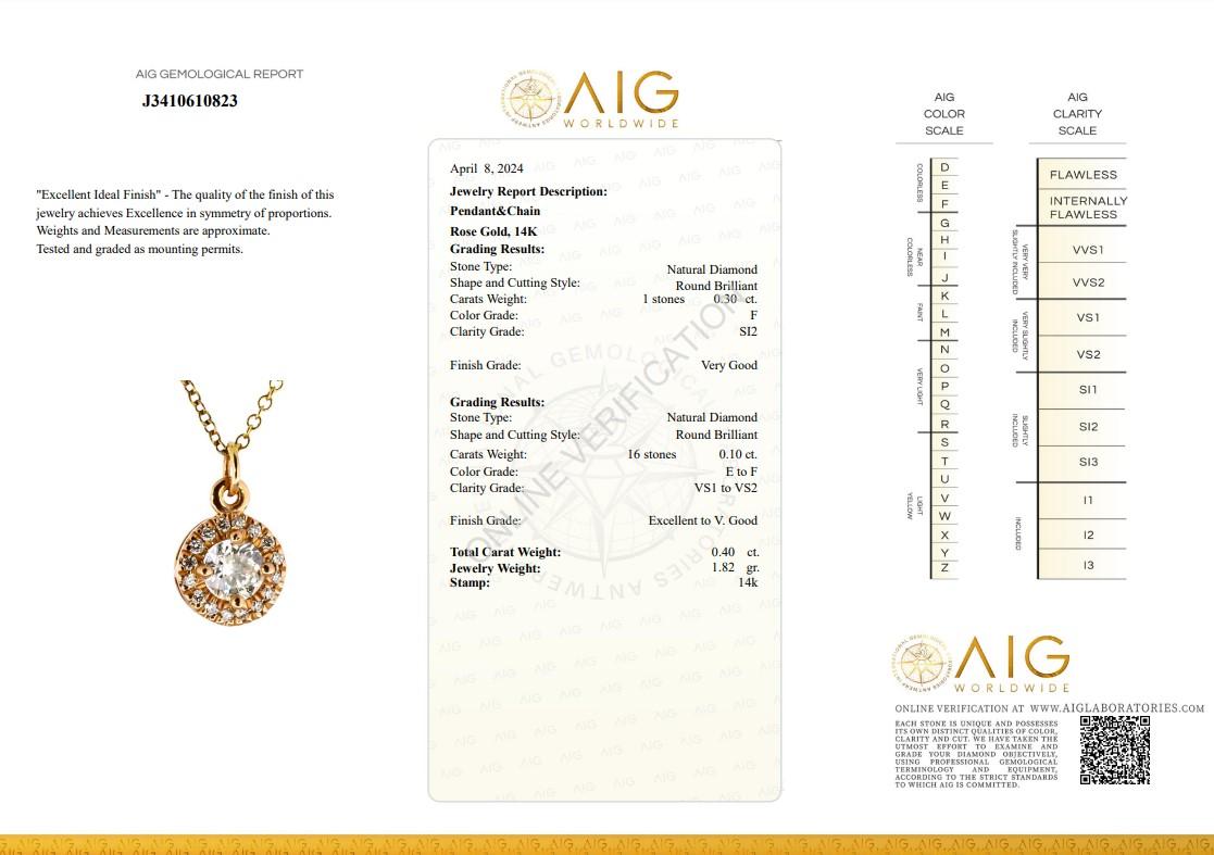 Women's Elegant 0.40ct Diamond Halo Necklace in 14k Rose Gold – AIG Certified For Sale