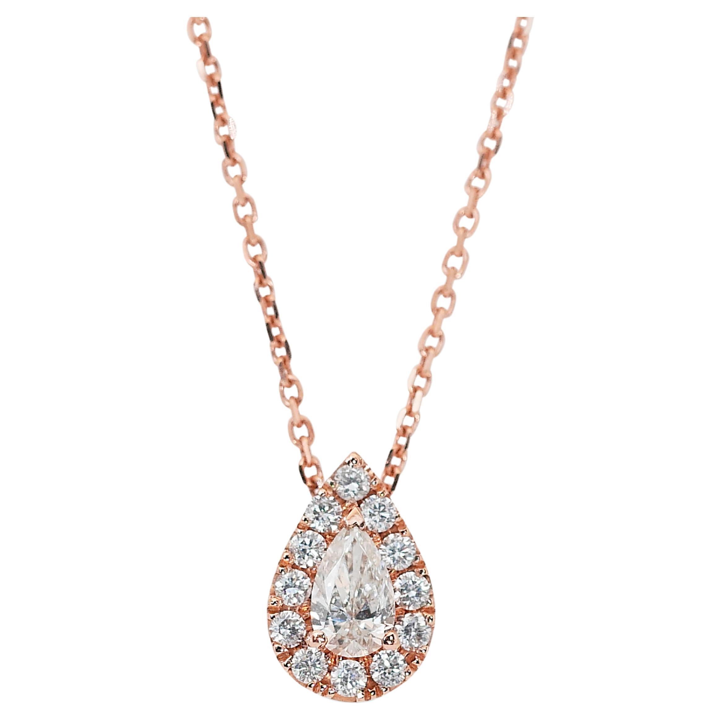 Elegant 0.42ct Diamond Halo Necklace in 14k Rose Gold - AIG Certified