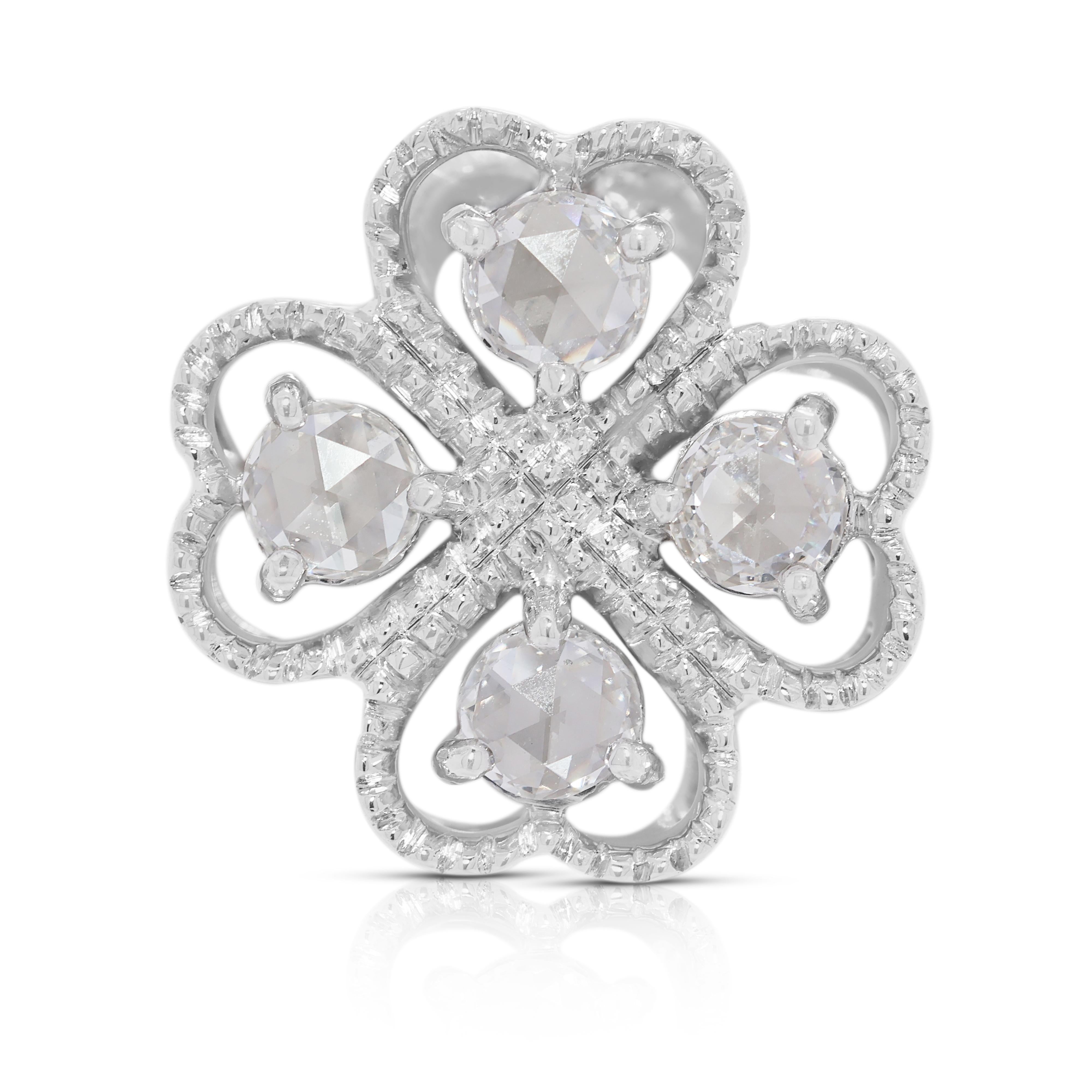Eleganter vierblättriger Kleeblatt-Anhänger mit 0,44 Karat Diamant im Rosenschliff aus 18 Karat Weißgold im Angebot 3
