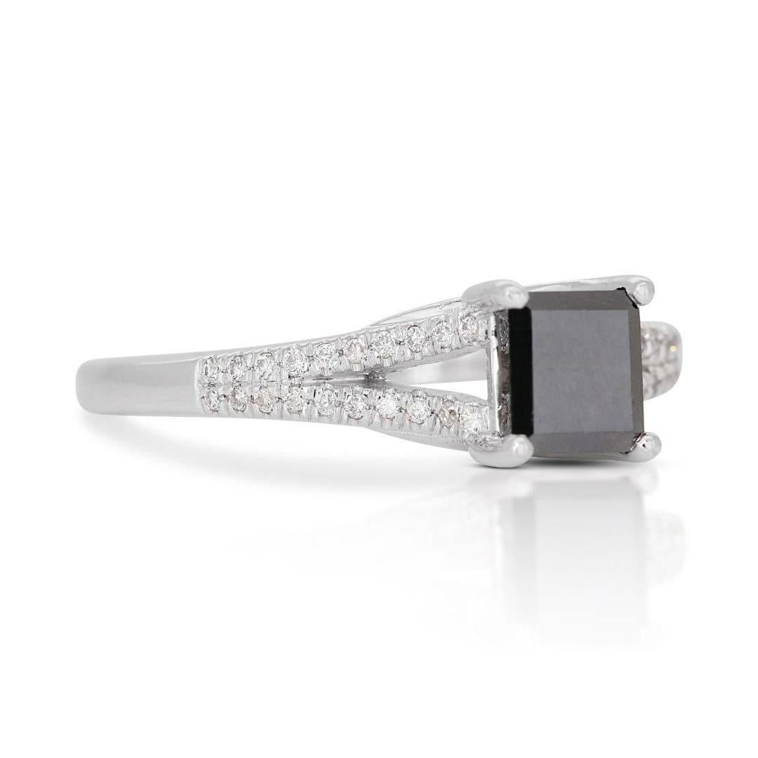 Princess Cut Elegant 0.50ct Black Diamond Ring with Natural Diamond Side Stones For Sale