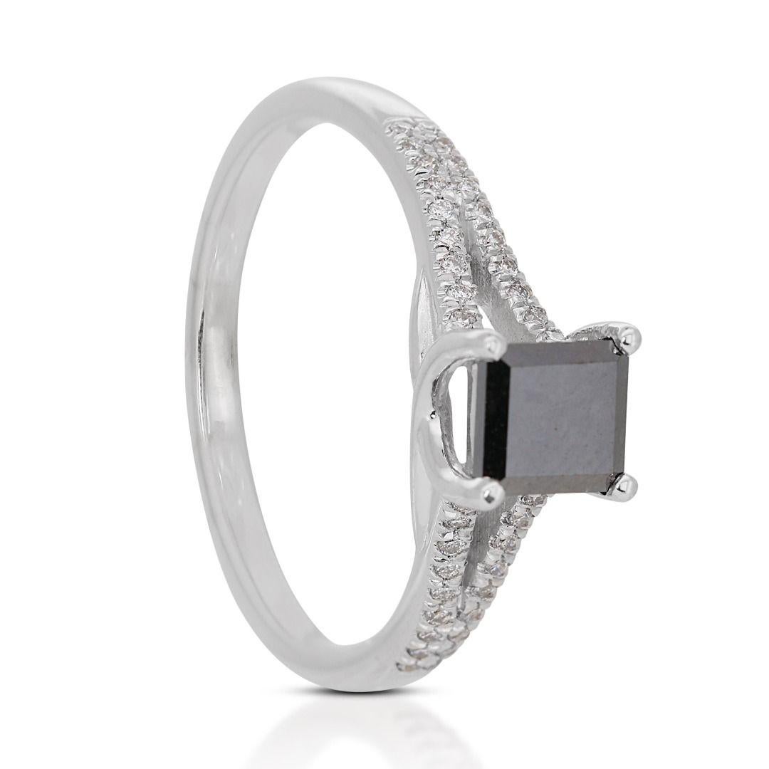 Women's Elegant 0.50ct Black Diamond Ring with Natural Diamond Side Stones For Sale