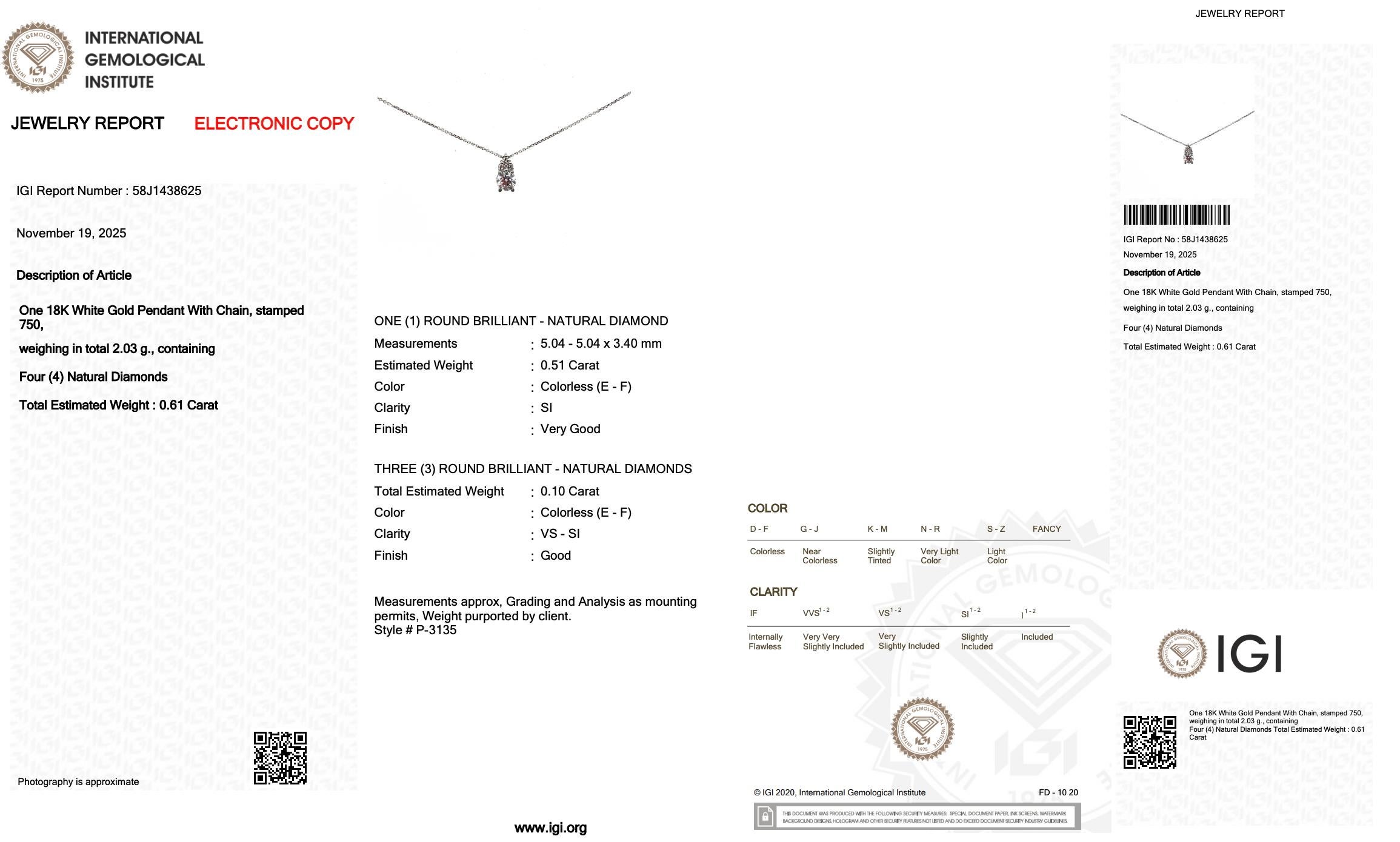 Donna Elegante collana di diamanti da 0,61 carati con ciondolo in oro bianco 18 carati - certificato IGI in vendita
