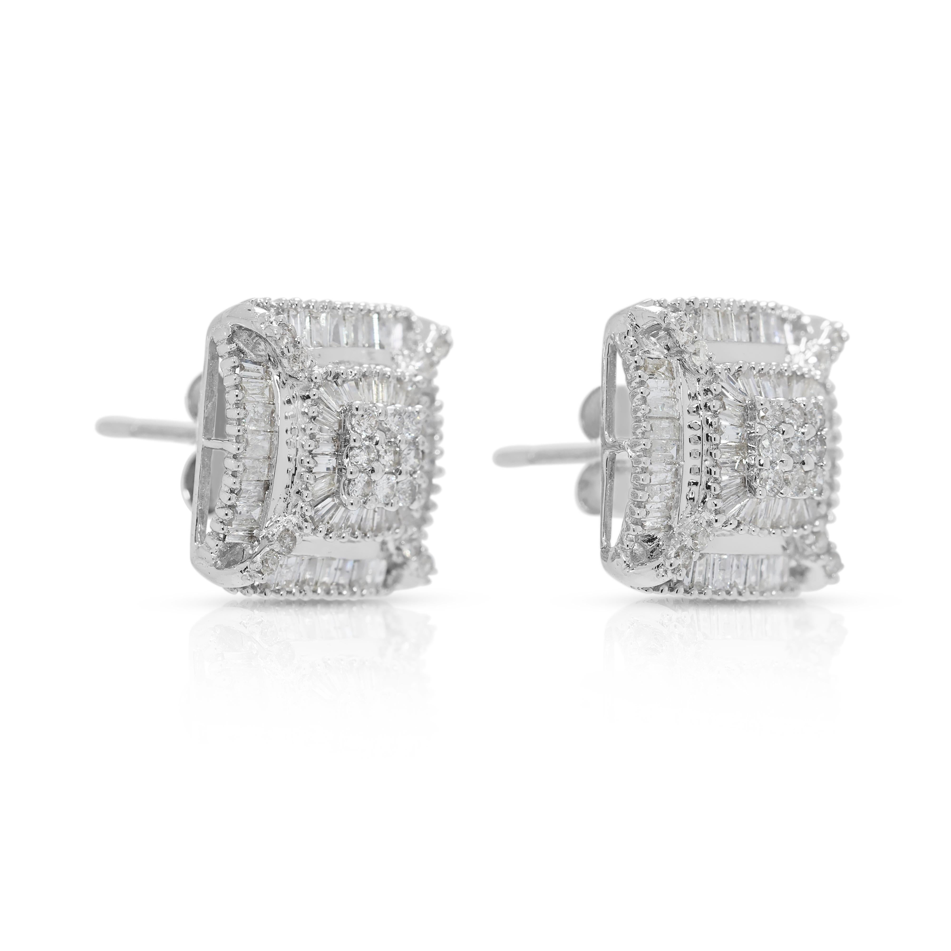 Round Cut Elegant 0.74ct Natural Diamond Cluster Stud Earrings in 18K White Gold For Sale