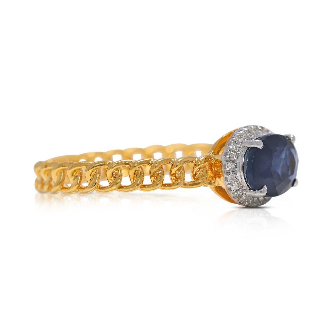 Eleganter Halo-Ring aus 18 Karat Gelbgold mit 0,75 Karat blauem Saphir und natürlichen Diamanten (Rundschliff) im Angebot