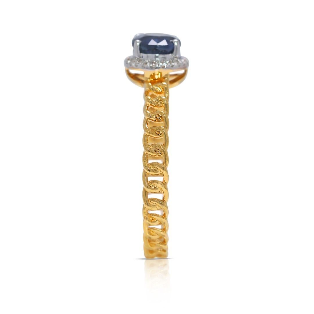 Eleganter Halo-Ring aus 18 Karat Gelbgold mit 0,75 Karat blauem Saphir und natürlichen Diamanten im Angebot 1