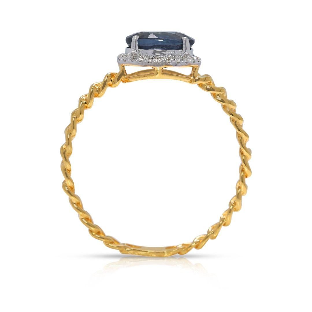 Eleganter Halo-Ring aus 18 Karat Gelbgold mit 0,75 Karat blauem Saphir und natürlichen Diamanten im Angebot 2