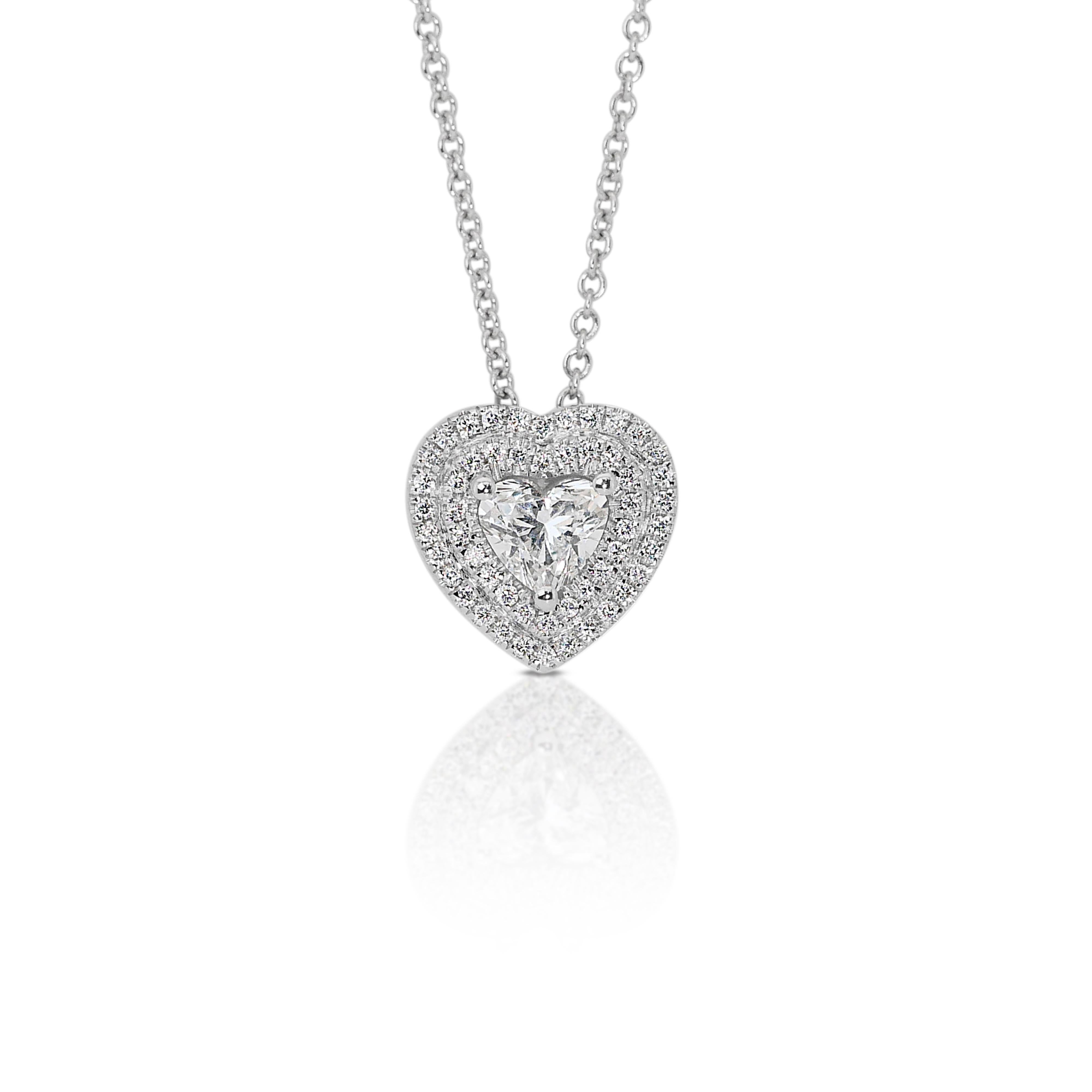 Heart Cut Elegant 0.80ct Heart-Shaped Diamond Halo Necklace in 18k White Gold - GIA Certif For Sale