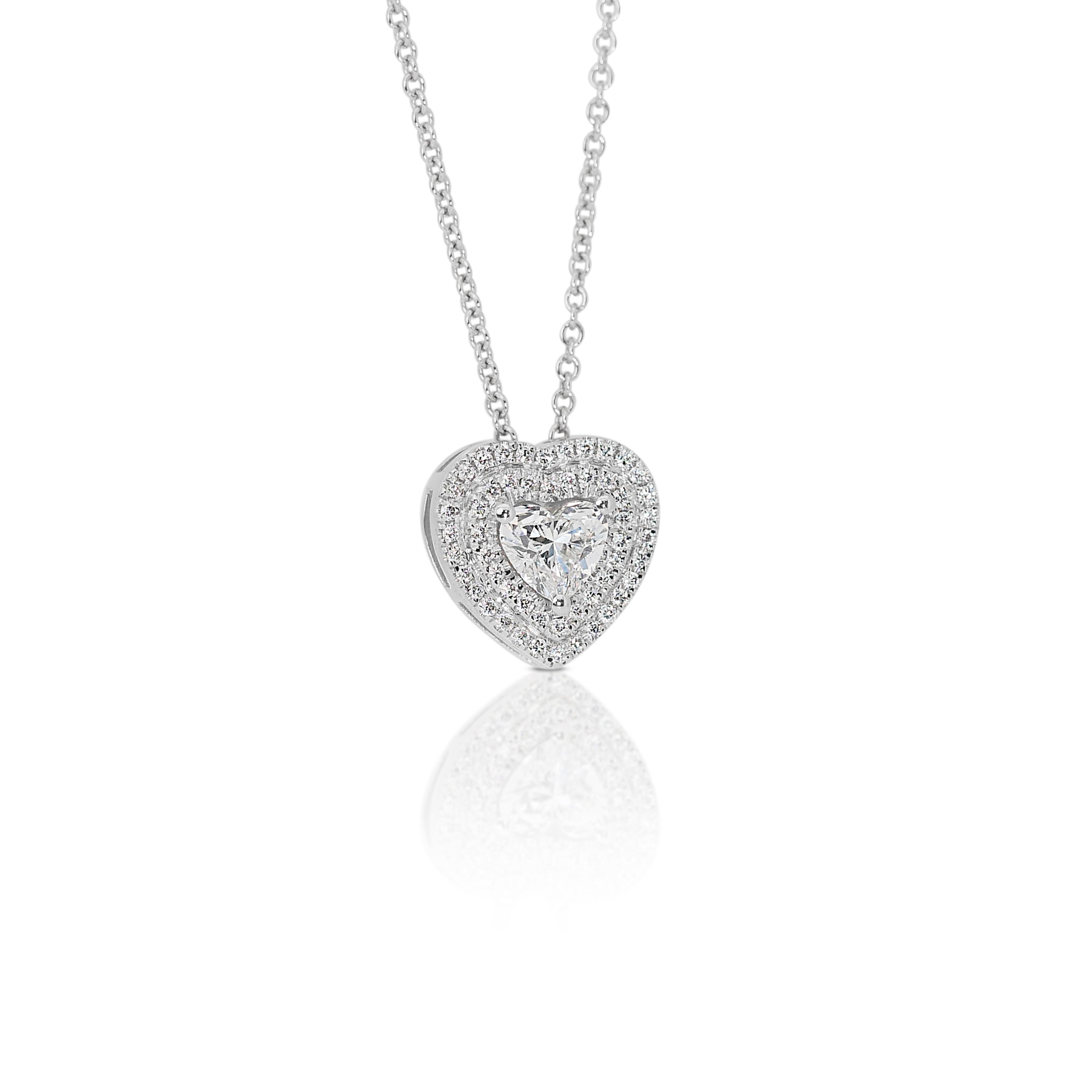 Elegant 0.80ct Heart-Shaped Diamond Halo Necklace in 18k White Gold - GIA Certif For Sale 1