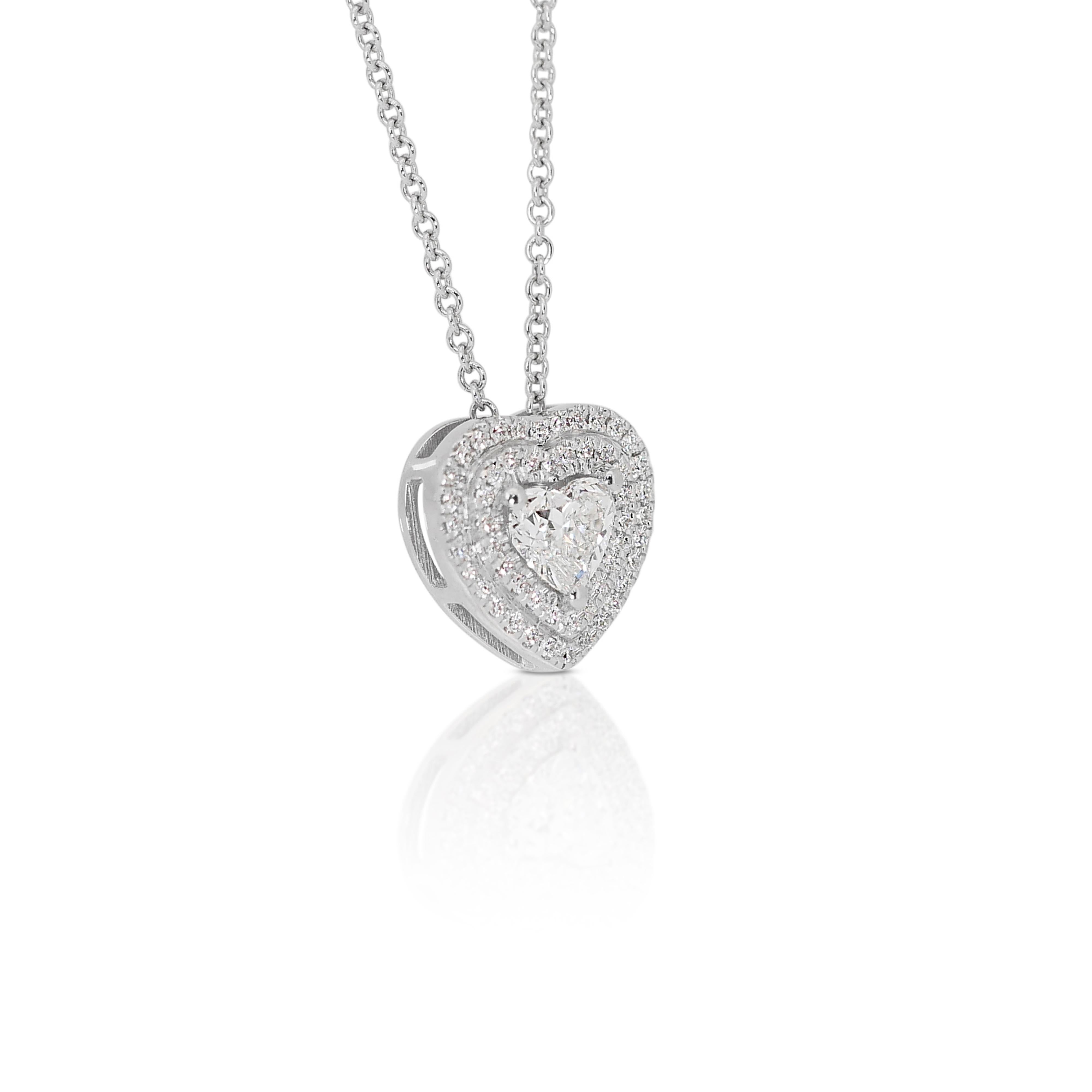 Elegant 0.80ct Heart-Shaped Diamond Halo Necklace in 18k White Gold - GIA Certif For Sale 2