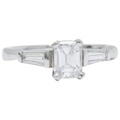 Elegant Retro 1.15 Carats Emerald Cut Diamond Platinum Engagement Ring GIA