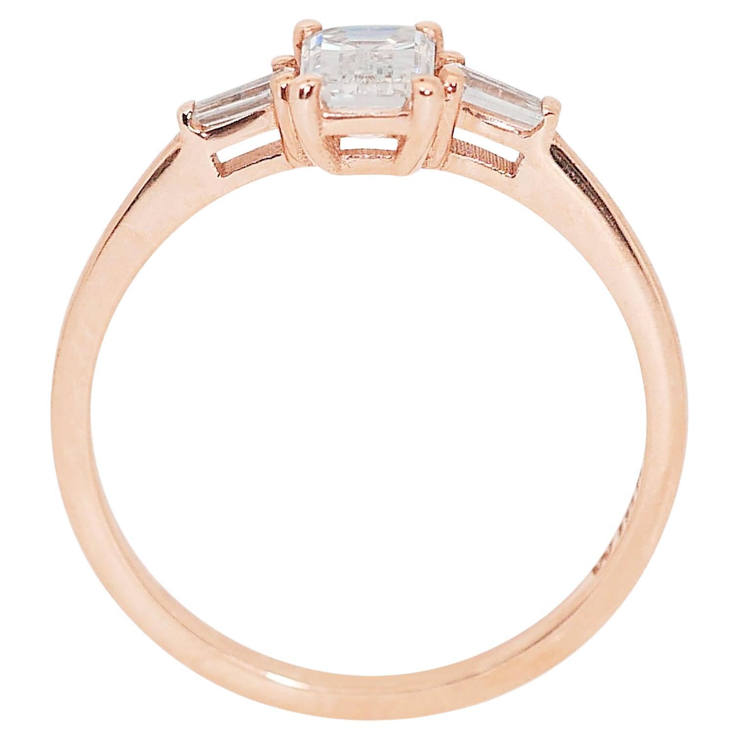Elegant 0.90ct Emerald-Cut Diamond 3-Stone Ring in 18k Rose Gold - GIA Certified For Sale 2