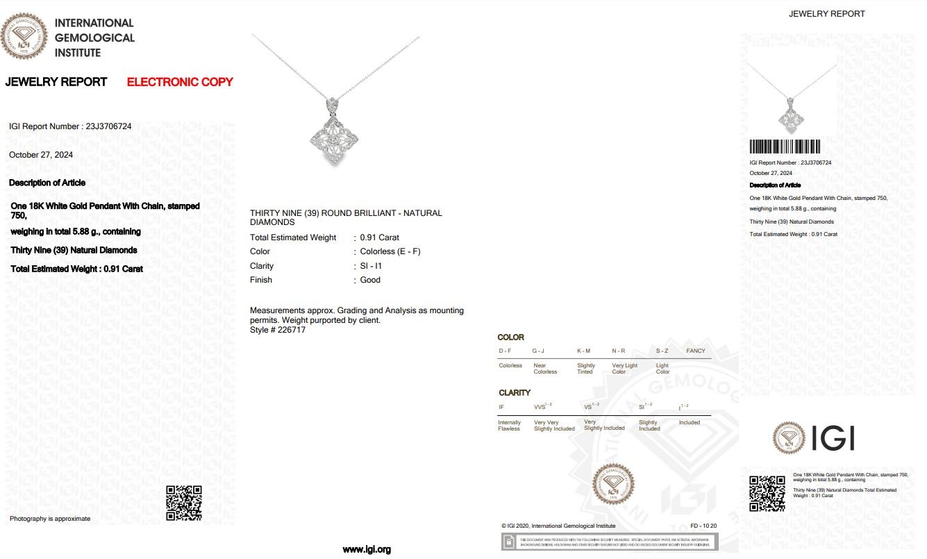 Women's Elegant 0.91ct Diamonds Necklace with Pendant in 18k White Gold - IGI Certified
