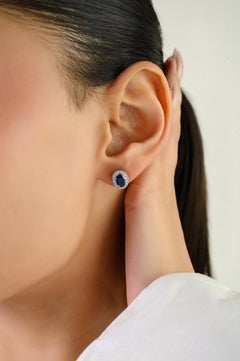 Elegant 1 Ct Genuine Blue Sapphire and Diamond Halo Stud Earrings 14K White Gold