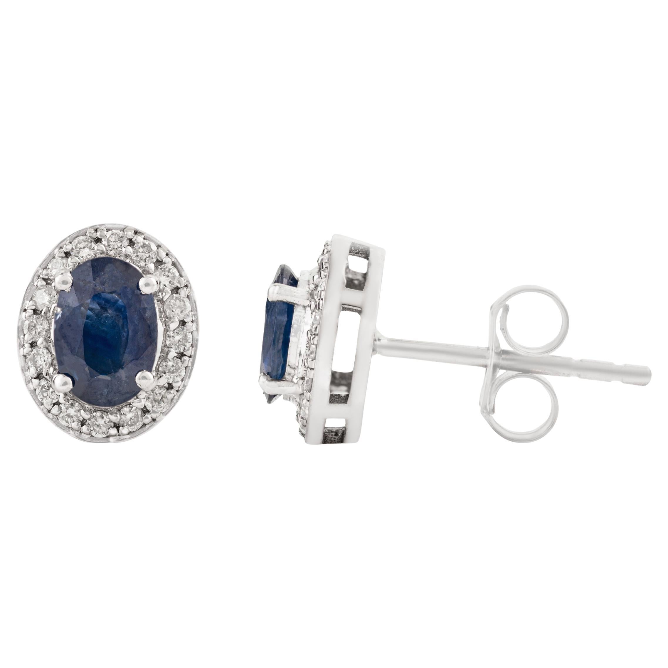 Elegant 1 Ct Genuine Blue Sapphire and Diamond Halo Stud Earrings 14K White Gold