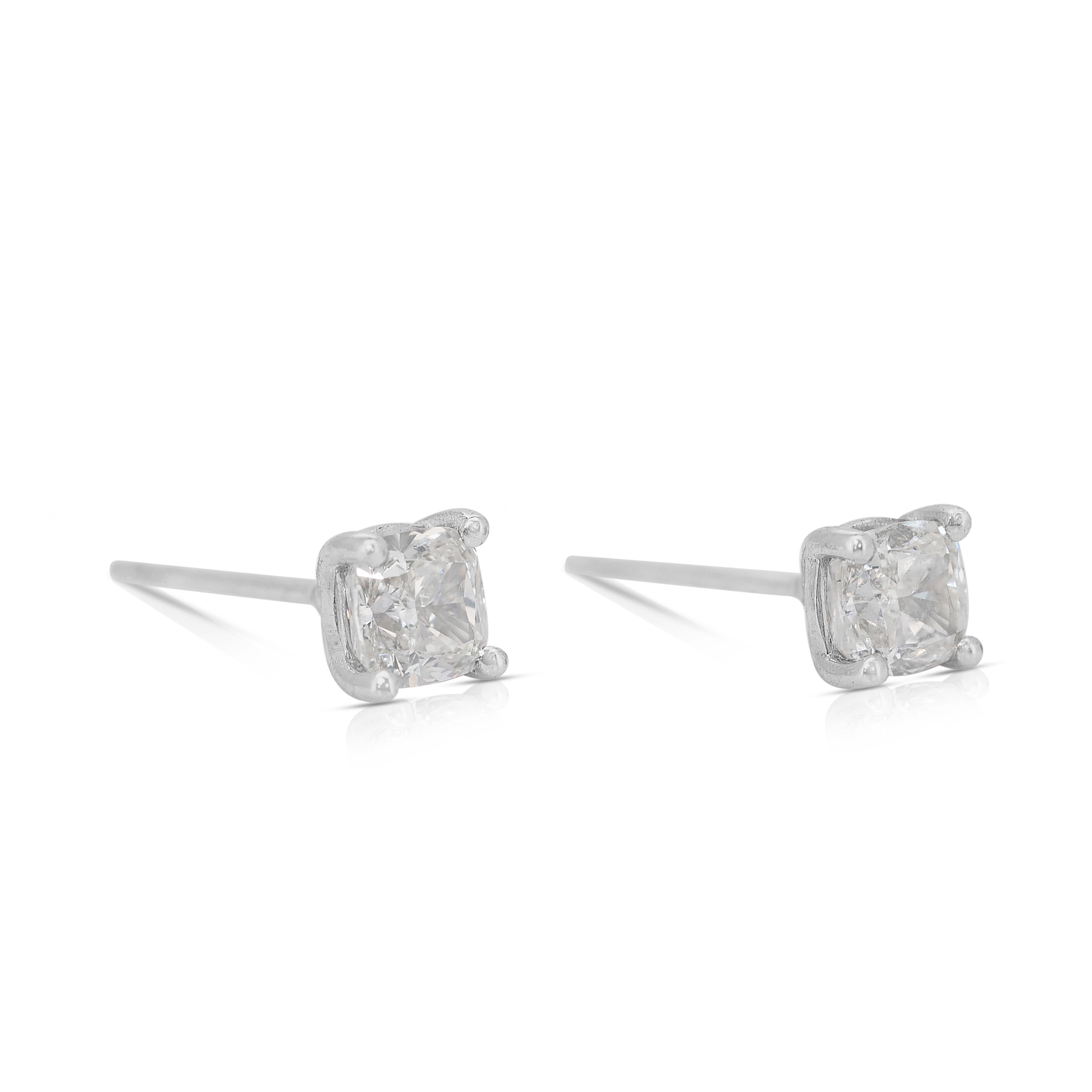 Cushion Cut Elegant 1.00ct Diamonds Stud Earrings in 18k White Gold - GCI Certified
